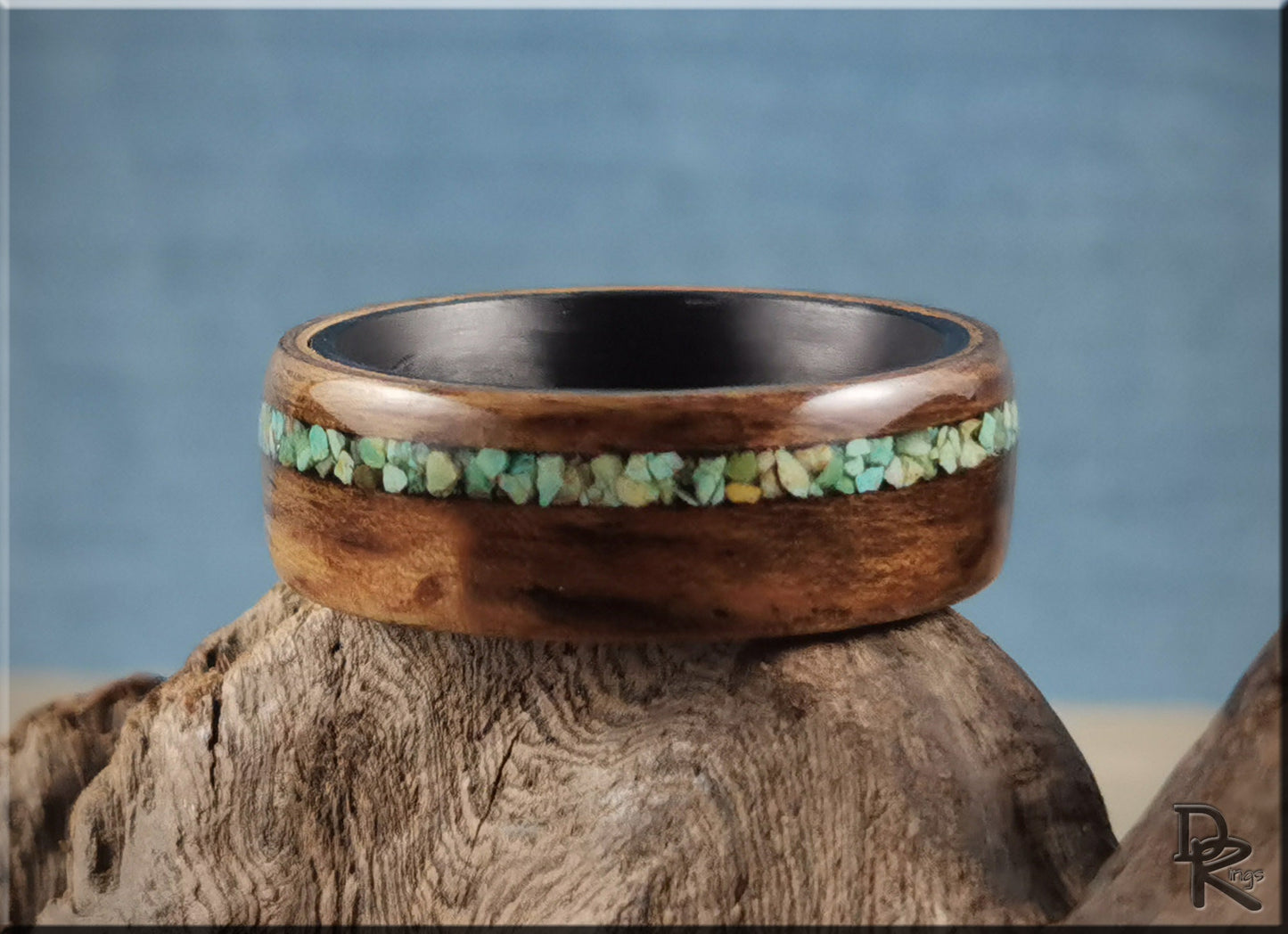 Bentwood Ring - Rustic French Walnut w\offset Green Turquoise inlay, on Carbon Fiber ring core - wood ring