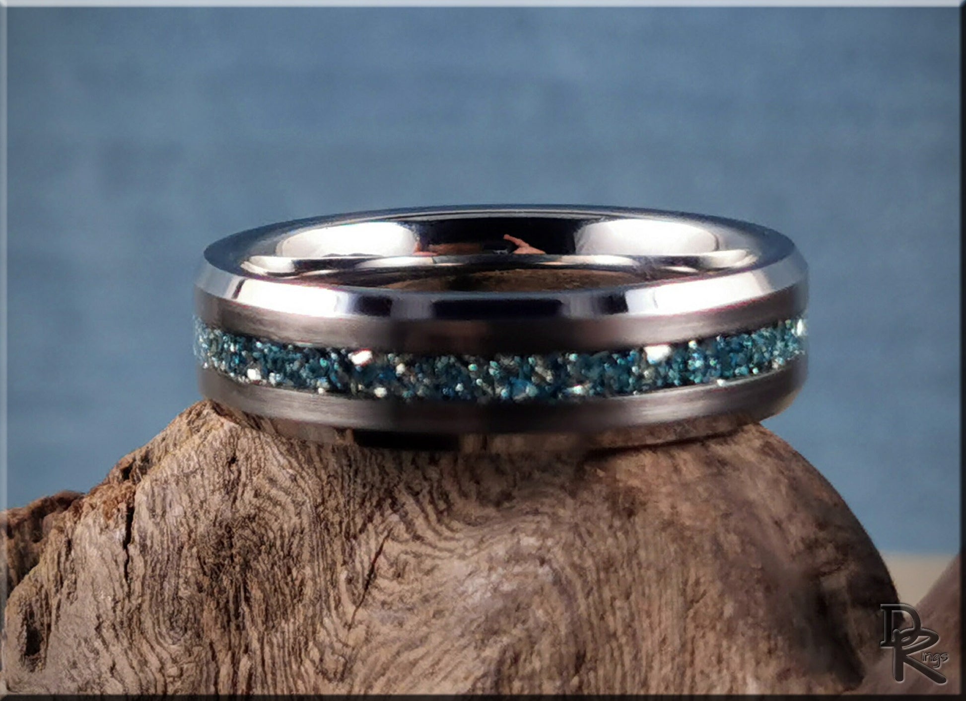 Thin Line Tungsten Carbide Channel Ring w/Carnival Blue German Glass inlay - metal ring