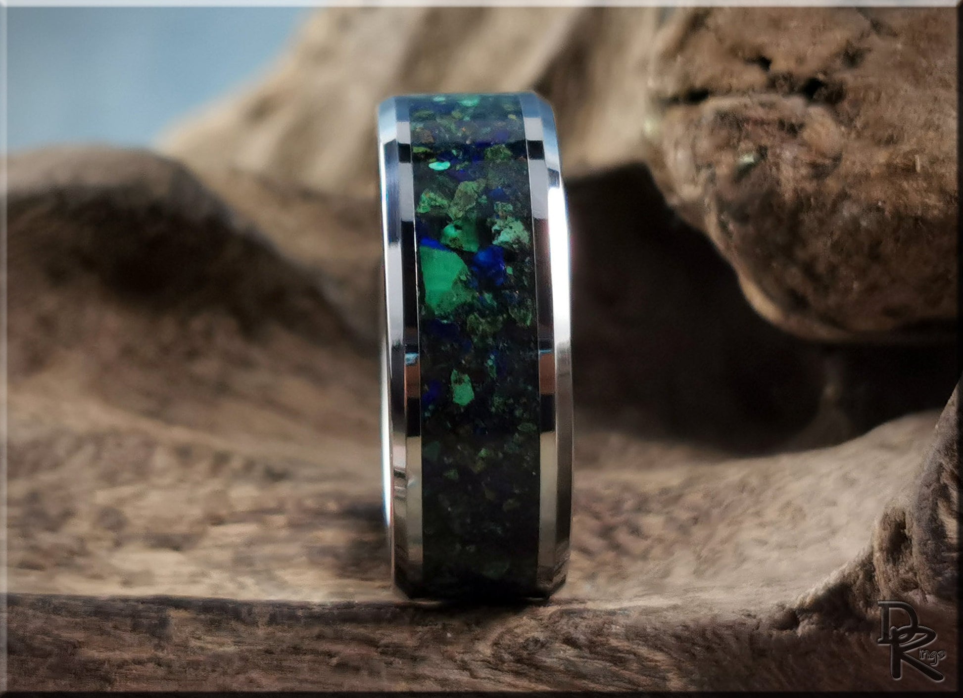 Tungsten Carbide Channel Ring w/Green Malachite and Azurite Matrix Stone inlay - metal ring