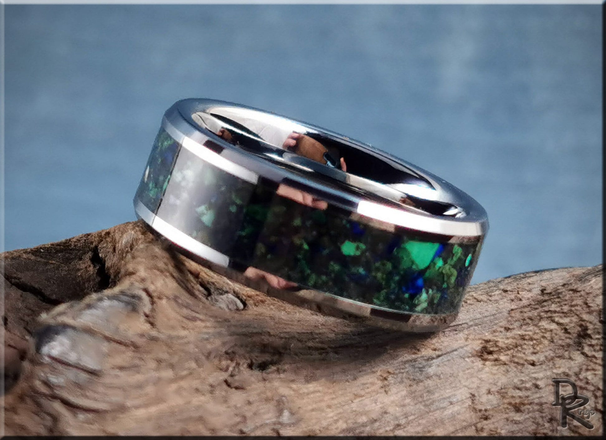 Tungsten Carbide Channel Ring w/Green Malachite and Azurite Matrix Stone inlay - metal ring