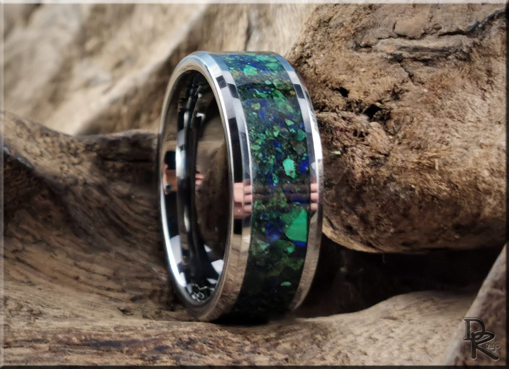 Tungsten Carbide Channel Ring w/Green Malachite and Azurite Matrix Stone inlay - metal ring