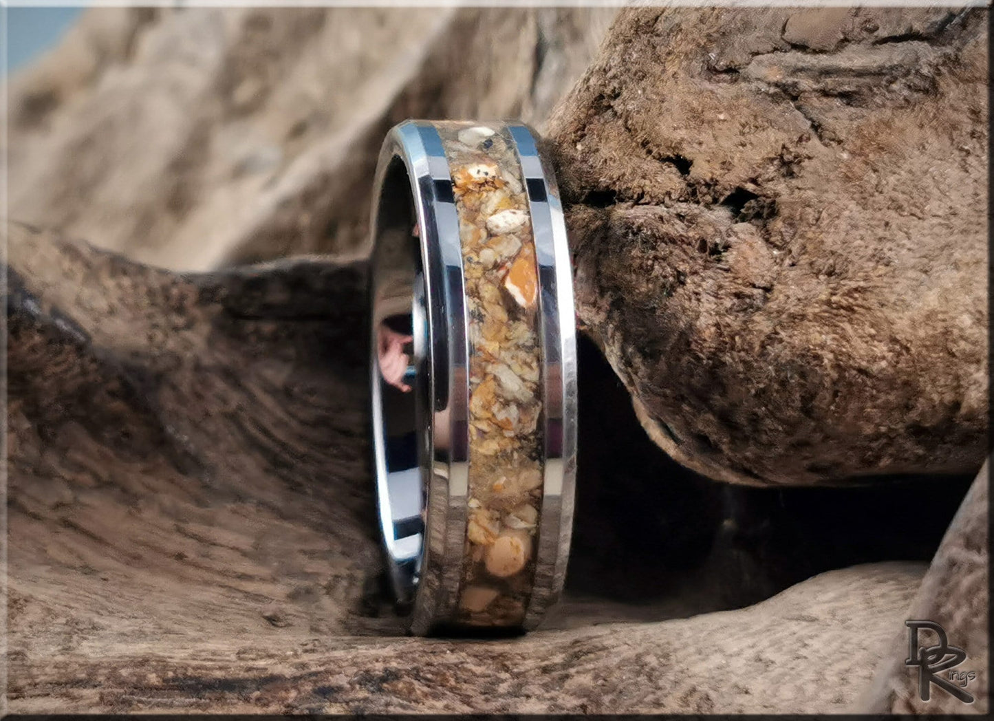 Tungsten Carbide Channel Ring w/Picture Jasper Stone inlay - metal ring