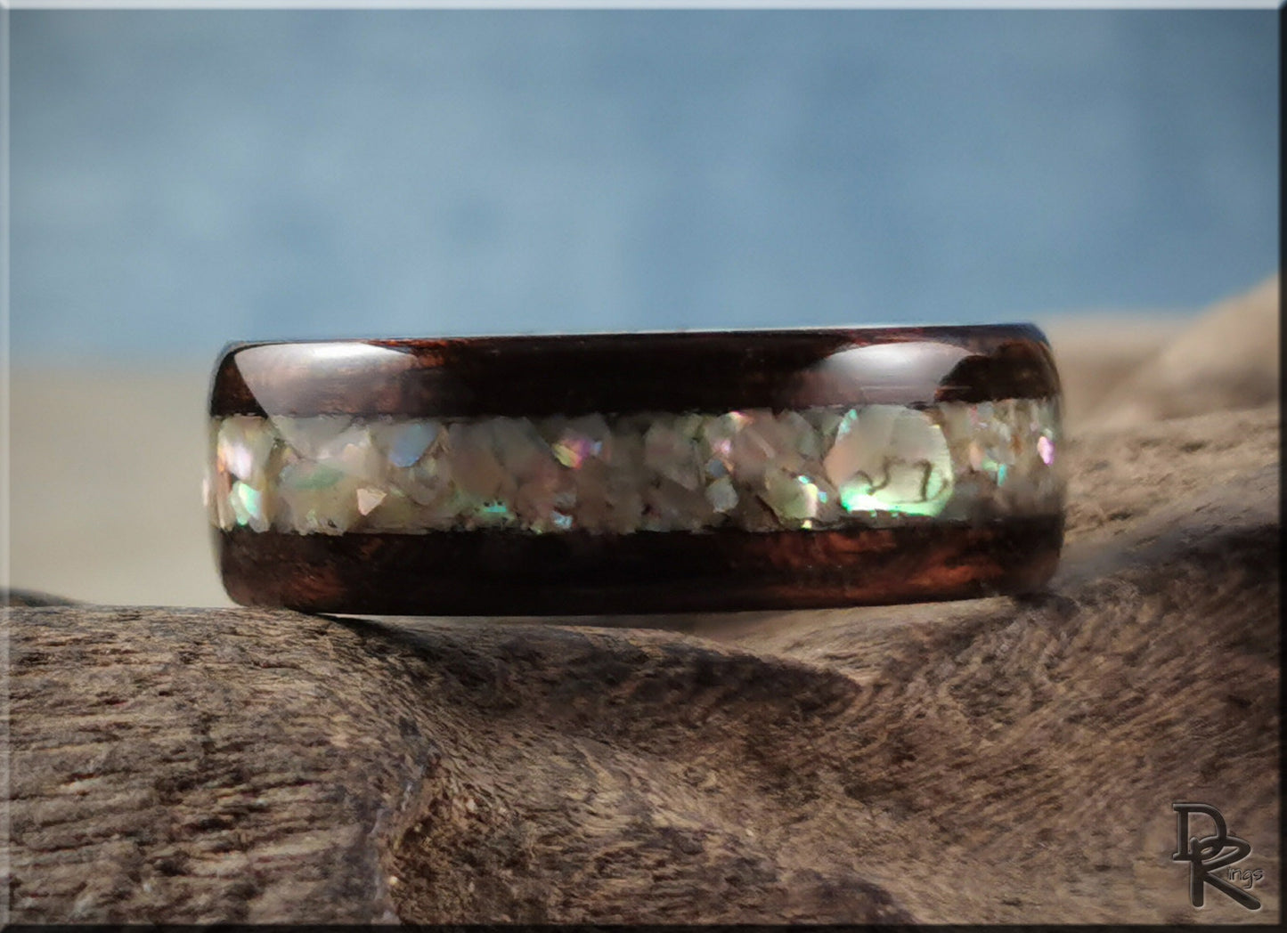 Bentwood Ring - Smoked Etimoe w/Japanese Abalone Shell inlay on deer antler ring core - wood ring