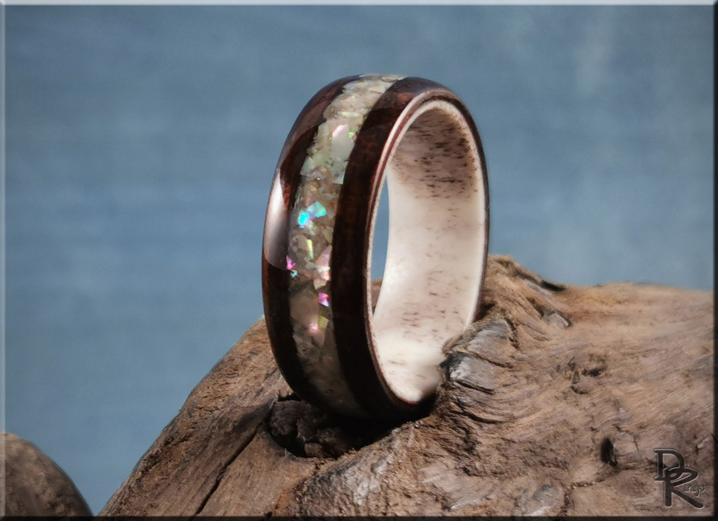 Bentwood Ring - Smoked Etimoe w/Japanese Abalone Shell inlay on deer antler ring core - wood ring