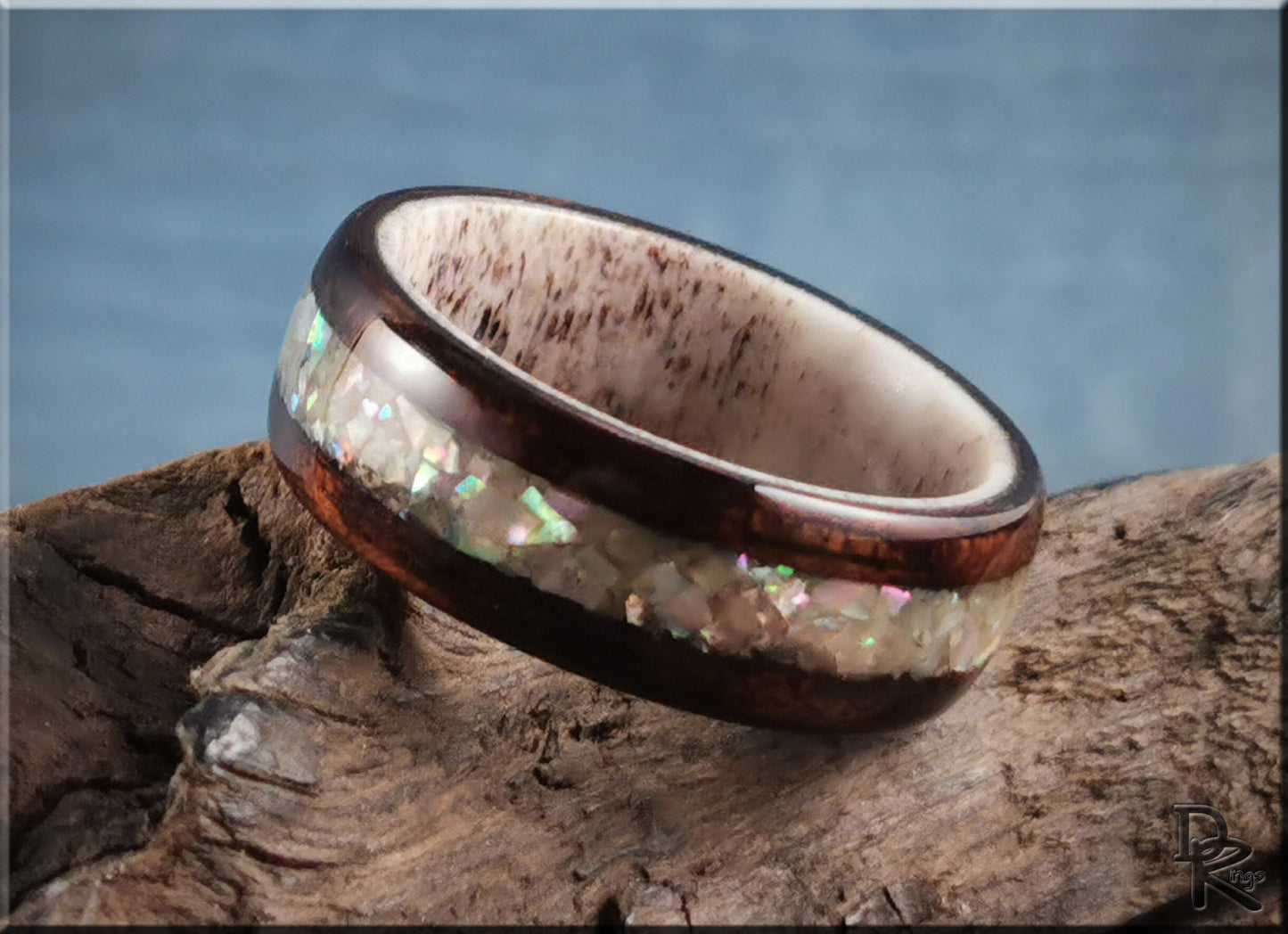 Bentwood Ring - Smoked Etimoe w/Japanese Abalone Shell inlay on deer antler ring core - wood ring