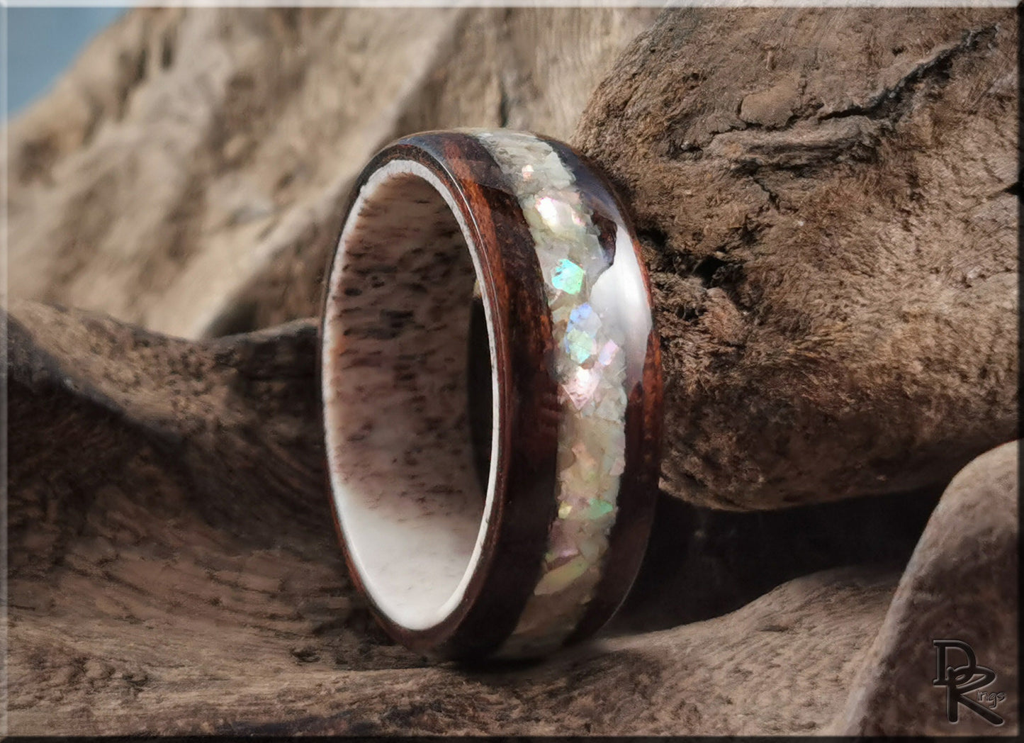 Bentwood Ring - Smoked Etimoe w/Japanese Abalone Shell inlay on deer antler ring core - wood ring