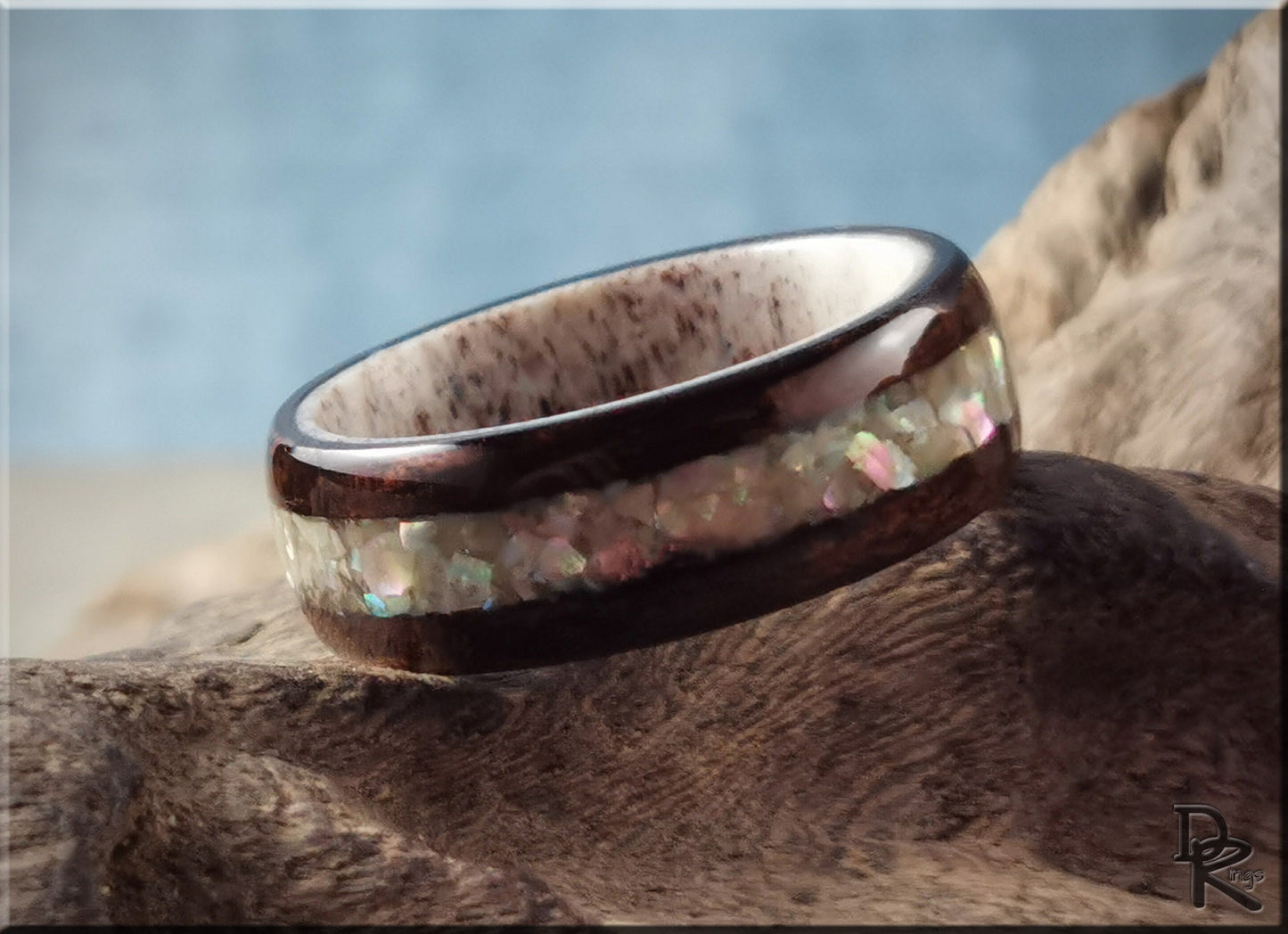 Bentwood Ring - Smoked Etimoe w/Japanese Abalone Shell inlay on deer antler ring core - wood ring