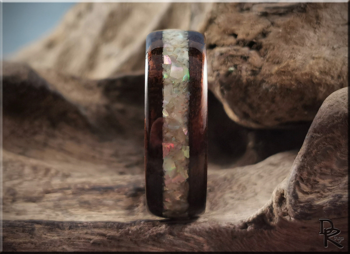 Bentwood Ring - Smoked Etimoe w/Japanese Abalone Shell inlay on deer antler ring core - wood ring