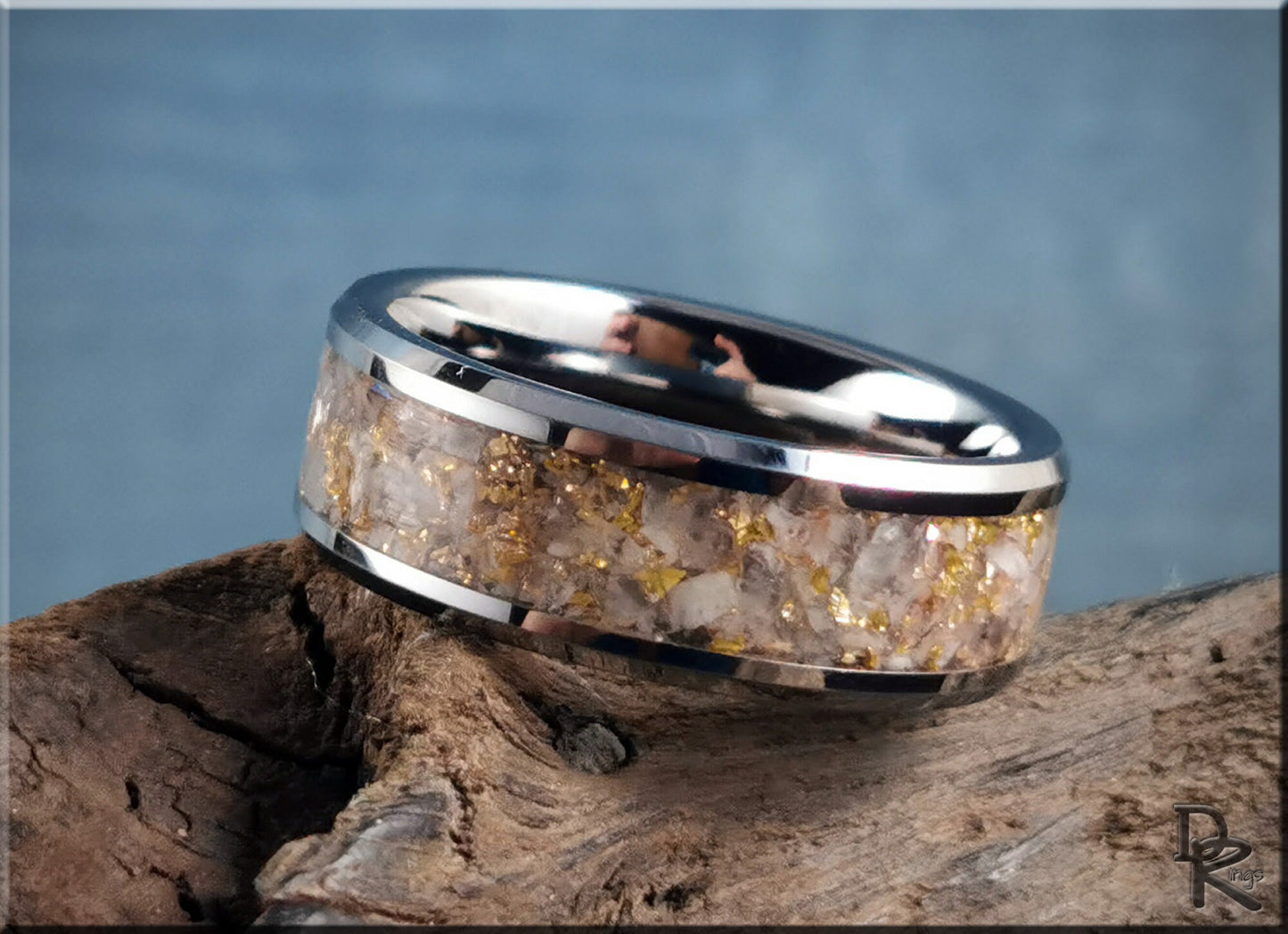 Tungsten Carbide Channel Ring w/Rainbow Moonstone and 14ct Gold German Glass inlay - metal ring