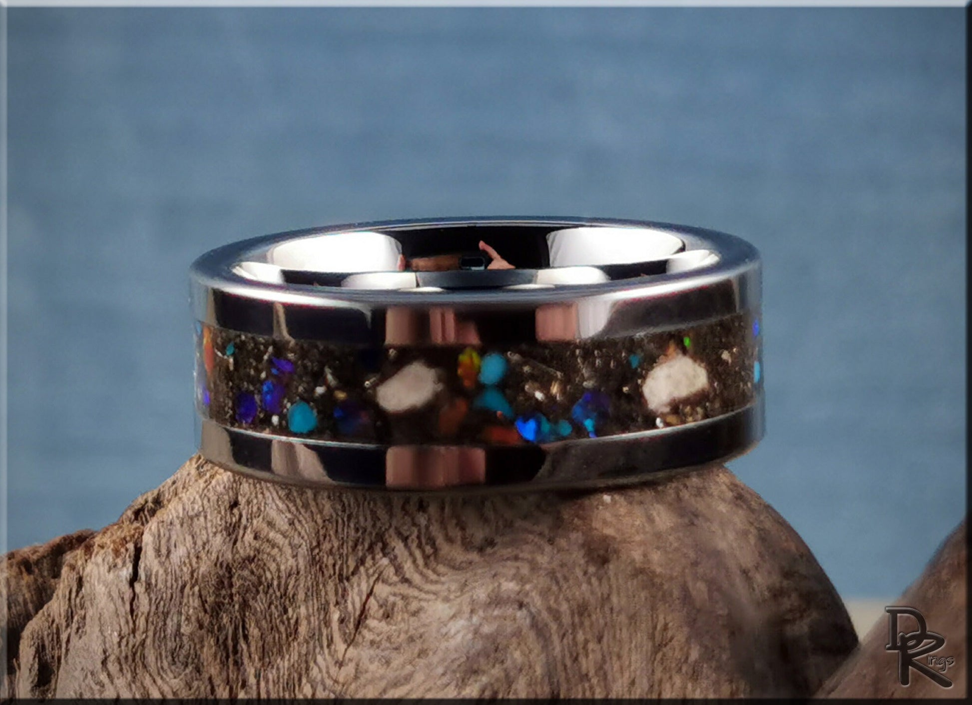 Tungsten Carbide Channel Ring w/Meteorite, Dinosaur bone, blended stone, and orange glow inlay - metal ring