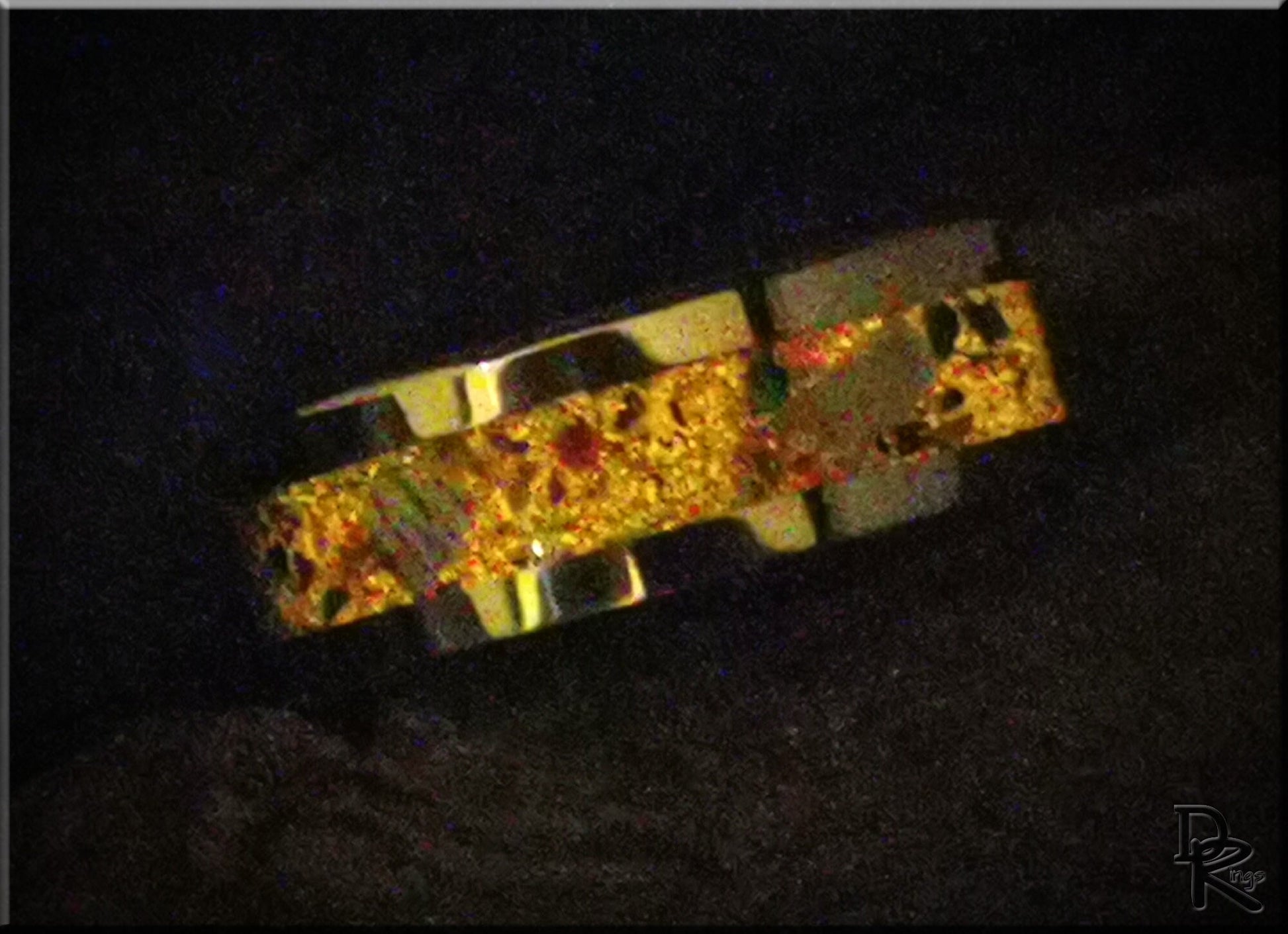 Tungsten Carbide Channel Ring w/Meteorite, Dinosaur bone, blended stone, and orange glow inlay - metal ring