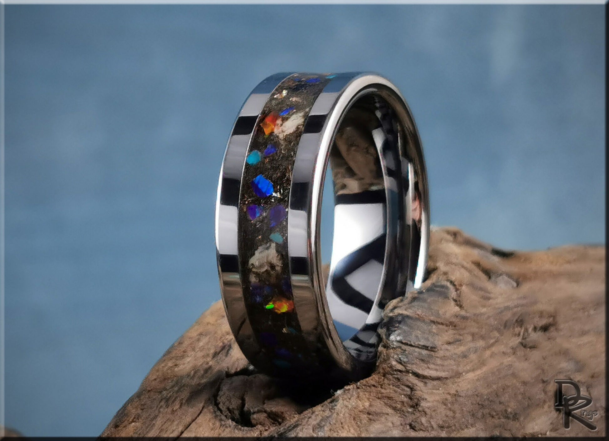 Tungsten Carbide Channel Ring w/Meteorite, Dinosaur bone, blended stone, and orange glow inlay - metal ring