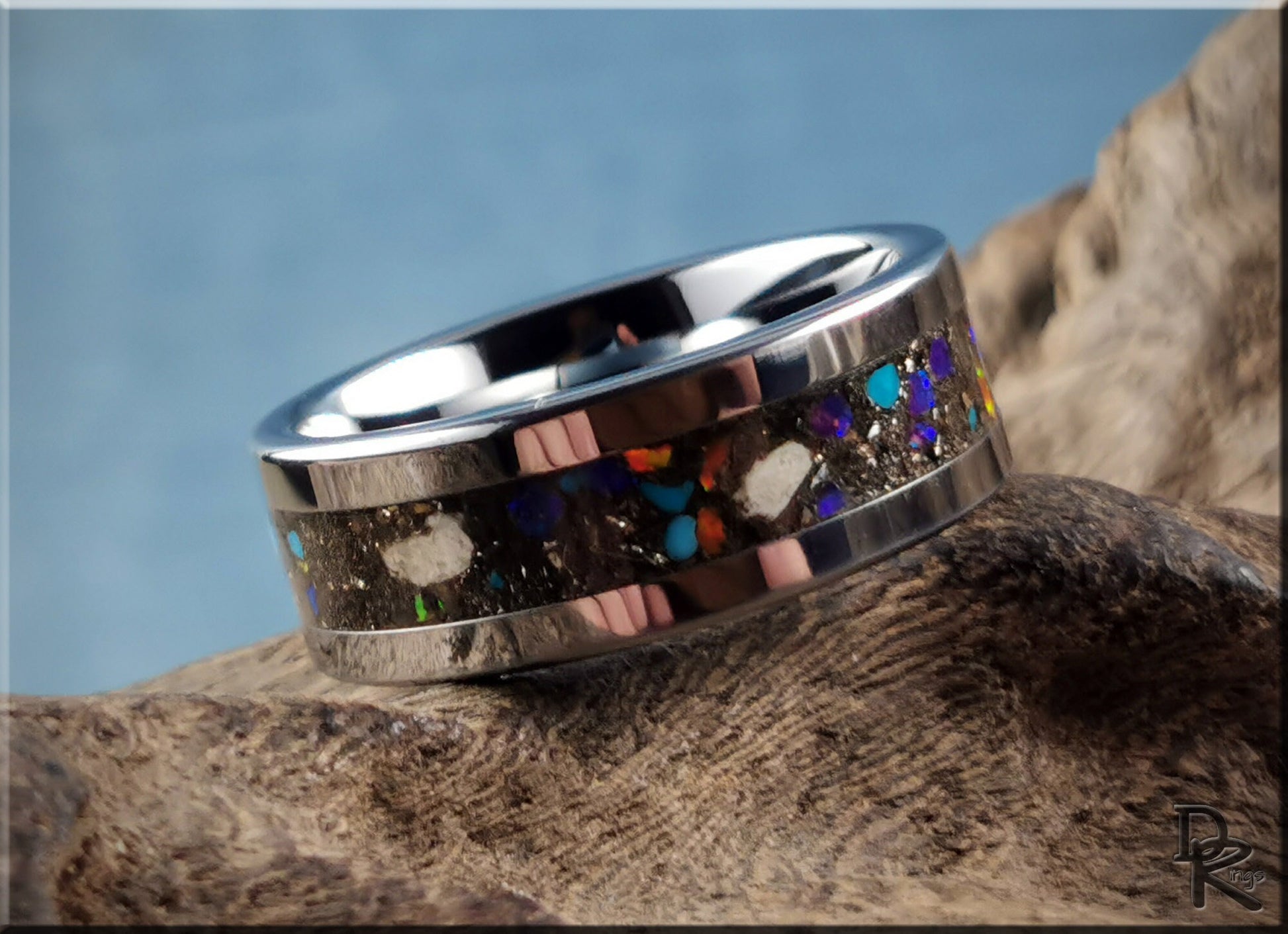 Tungsten Carbide Channel Ring w/Meteorite, Dinosaur bone, blended stone, and orange glow inlay - metal ring