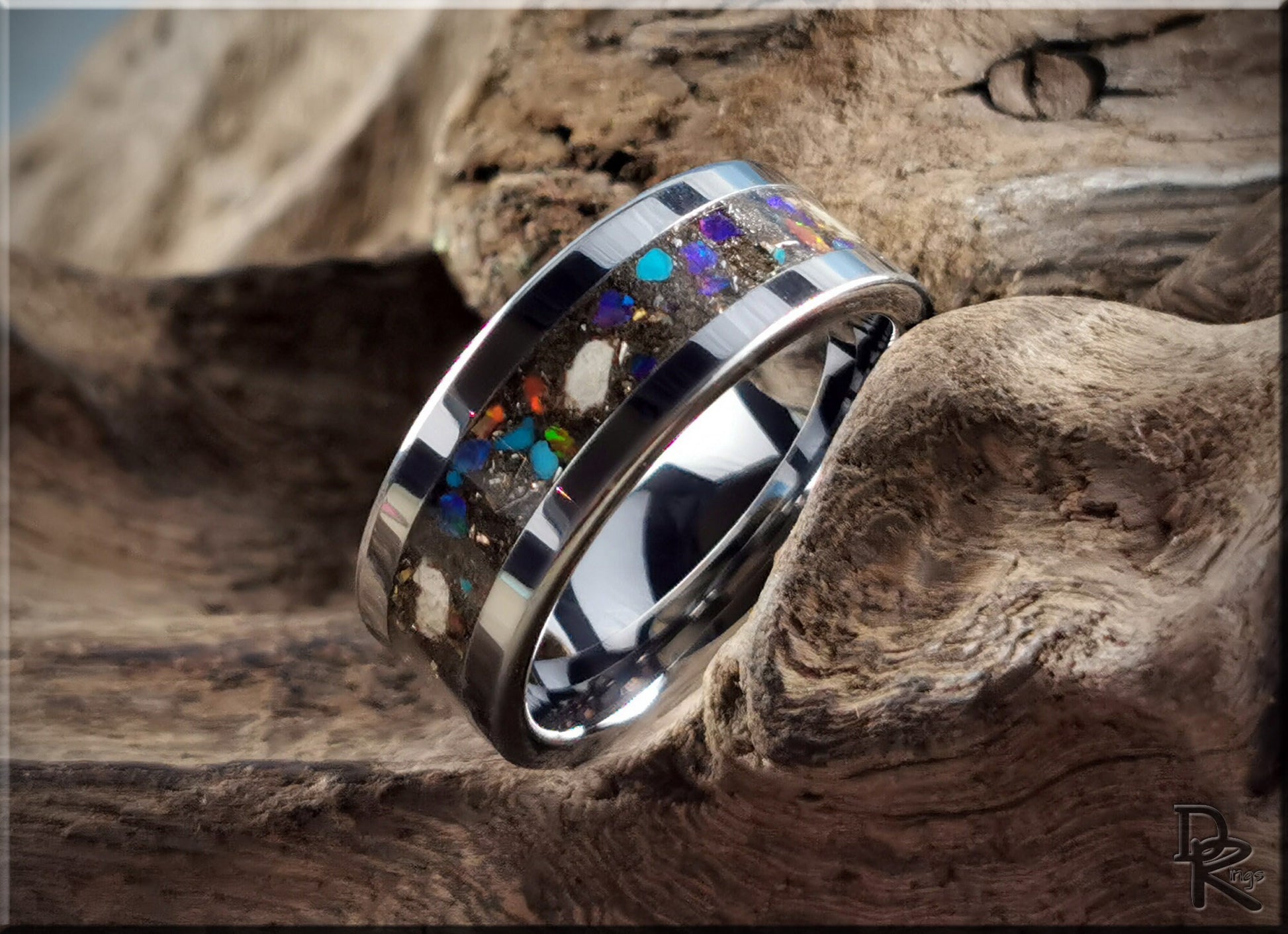 Tungsten Carbide Channel Ring w/Meteorite, Dinosaur bone, blended stone, and orange glow inlay - metal ring