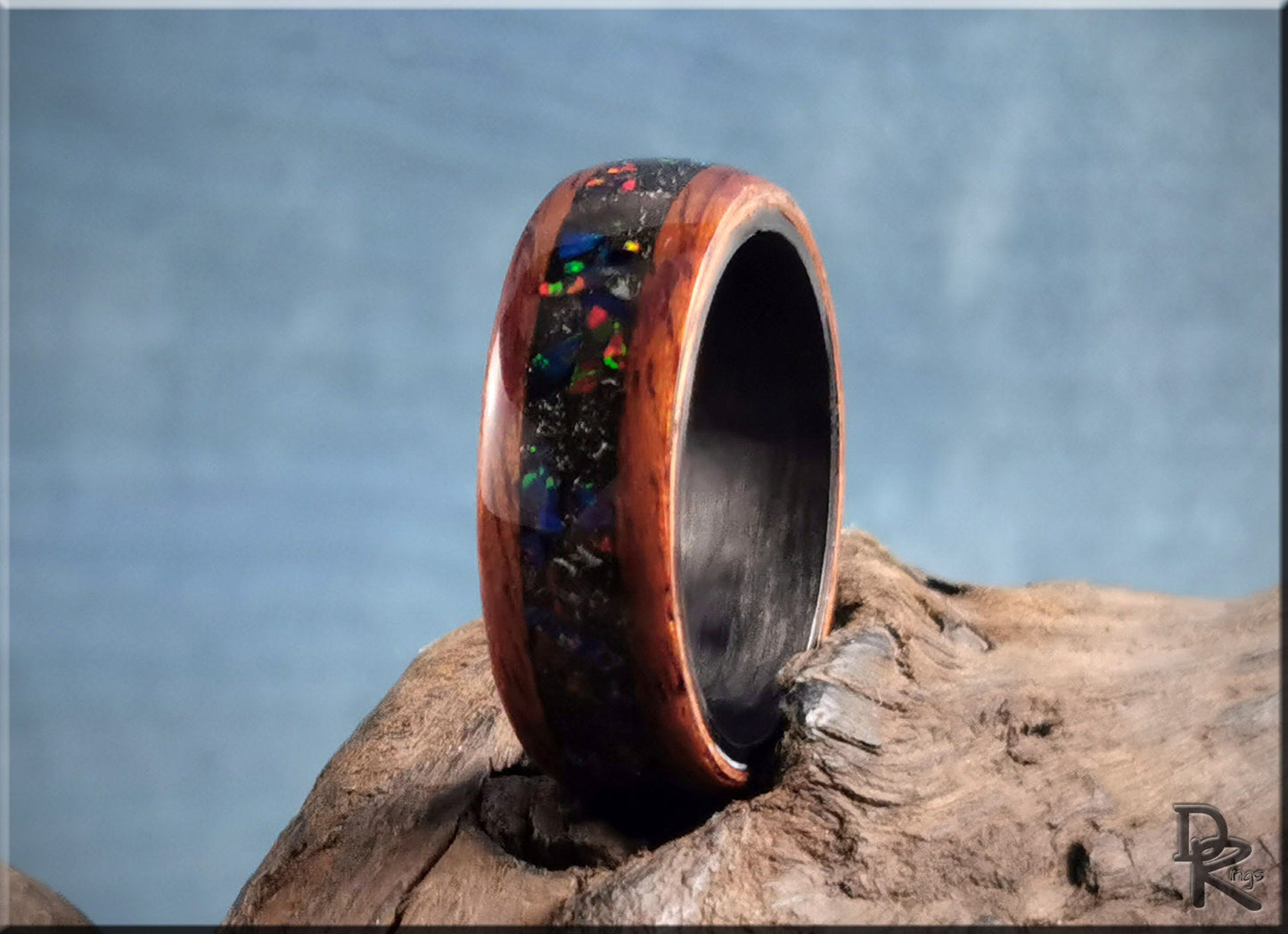 Bentwood Ring - Honduran Mahogany w\Munionalusta Meteorite and Opal inlay, on Carbon Fiber ring core - wood ring