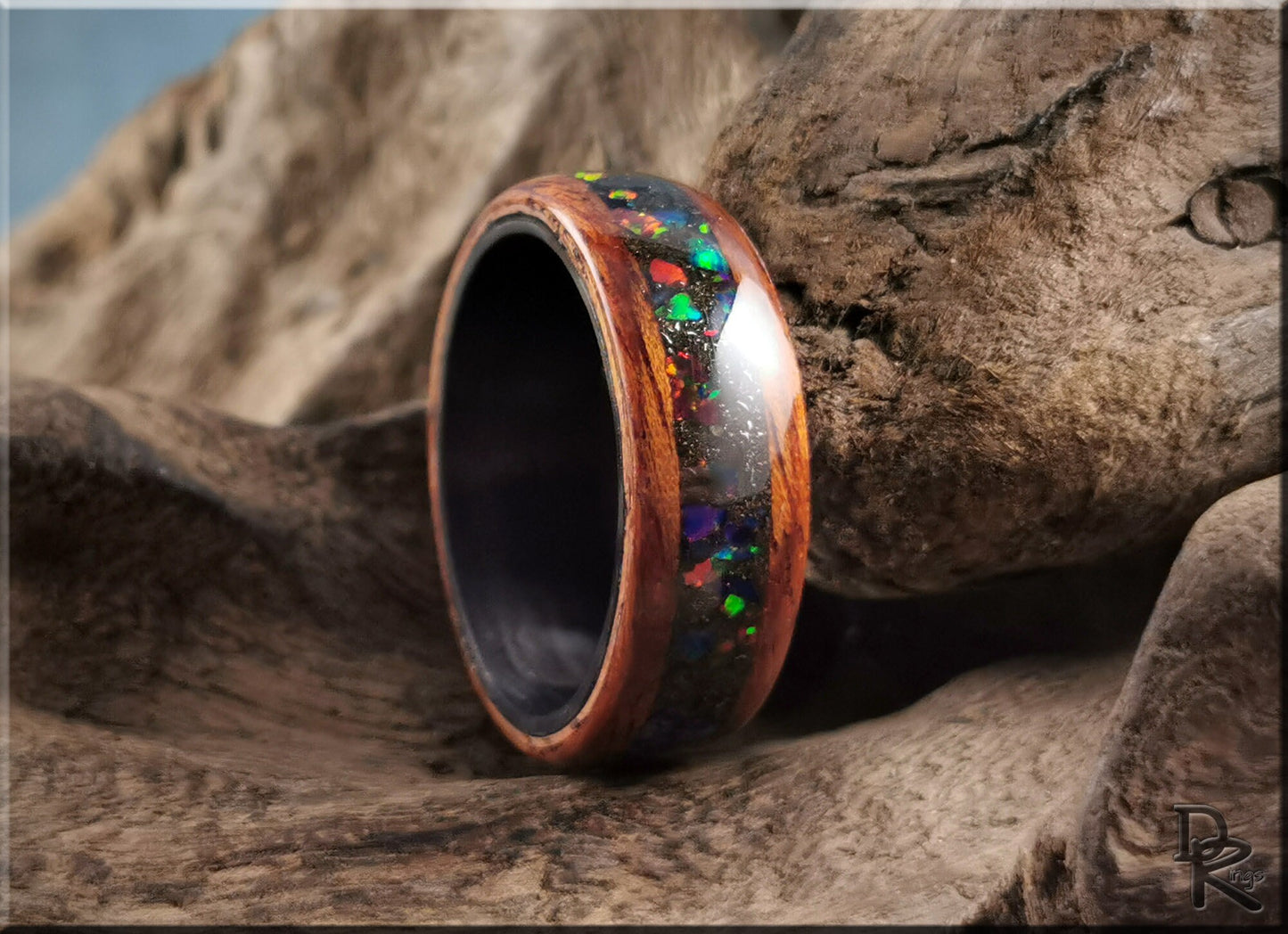 Bentwood Ring - Honduran Mahogany w\Munionalusta Meteorite and Opal inlay, on Carbon Fiber ring core - wood ring