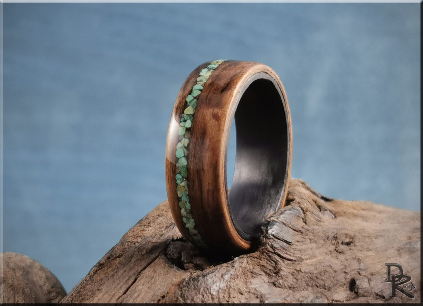 Bentwood Ring - Rustic French Walnut w\offset Green Turquoise inlay, on Carbon Fiber ring core - wood ring