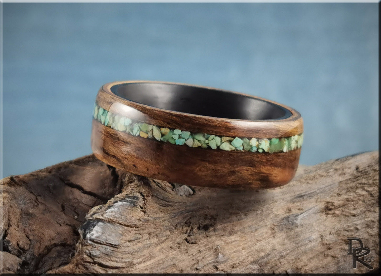 Bentwood Ring - Rustic French Walnut w\offset Green Turquoise inlay, on Carbon Fiber ring core - wood ring