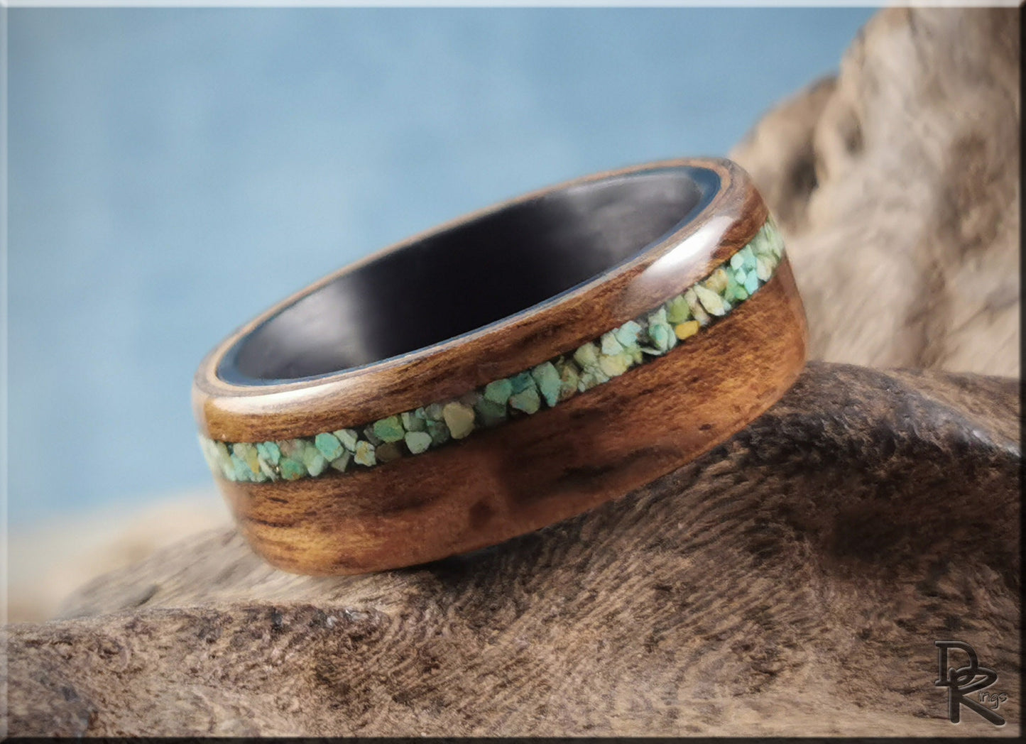 Bentwood Ring - Rustic French Walnut w\offset Green Turquoise inlay, on Carbon Fiber ring core - wood ring