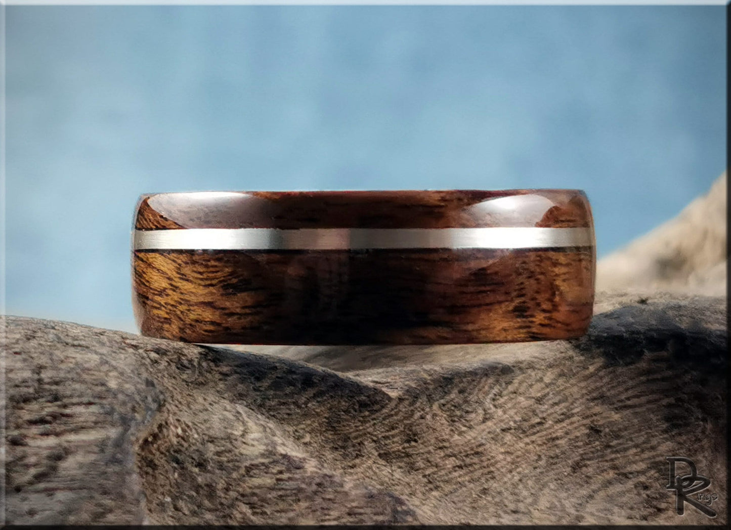 Bentwood Ring - Imbuya Pomelle w/offset Sterling Silver inlay on deer antler ring core - wood ring