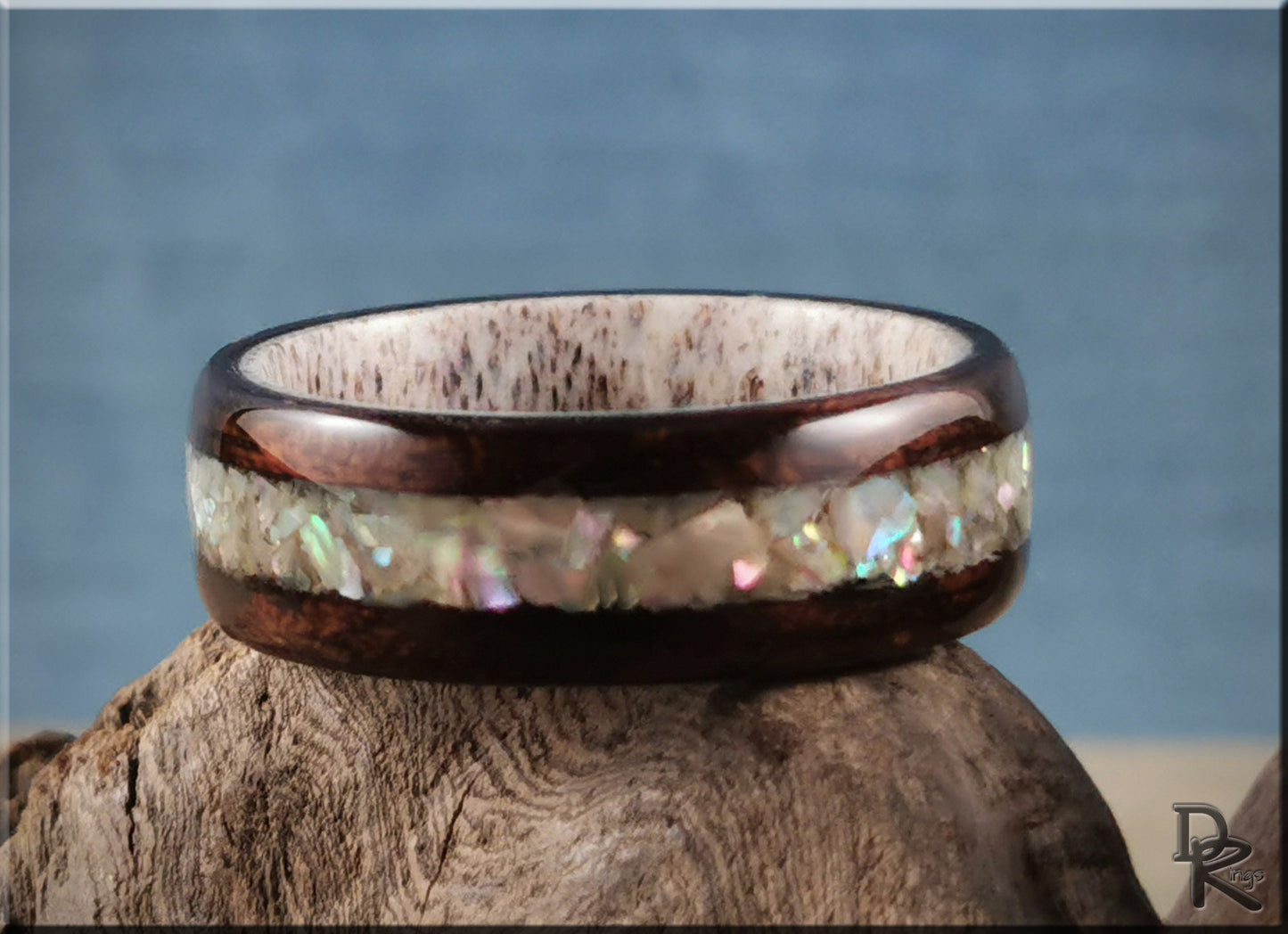 Bentwood Ring - Smoked Etimoe w/Japanese Abalone Shell inlay on deer antler ring core - wood ring