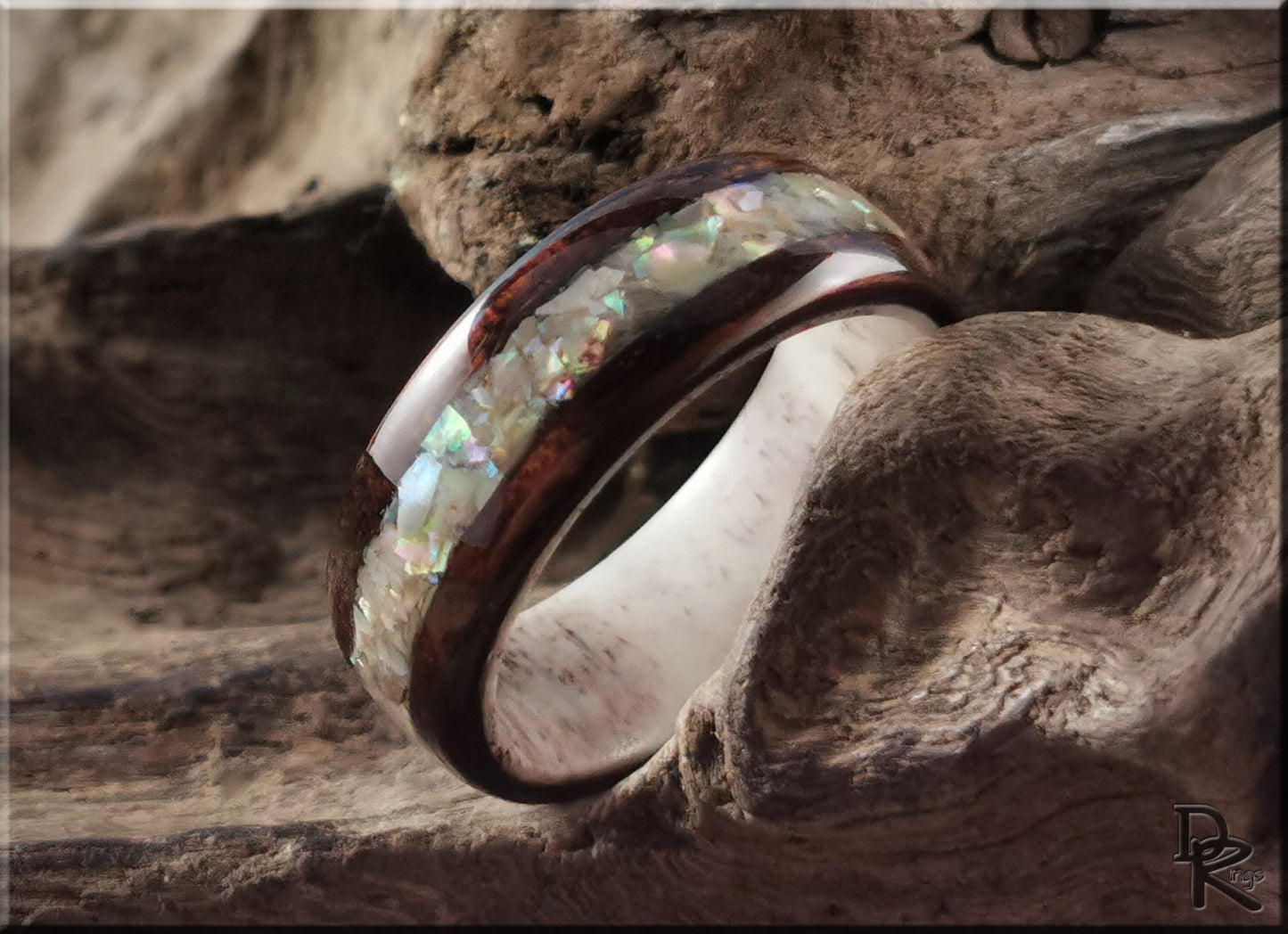 Bentwood Ring - Smoked Etimoe w/Japanese Abalone Shell inlay on deer antler ring core - wood ring