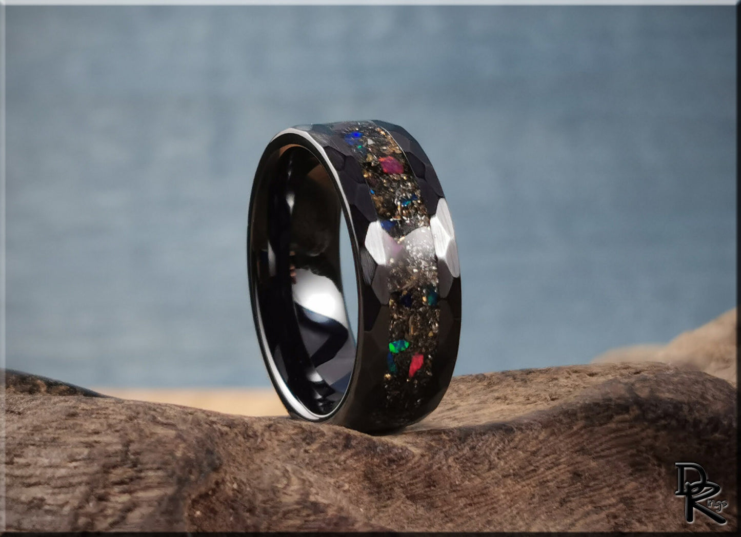 Hammered Black Ceramic 8mm Channel Ring w/Seymchan Meteorite, 14ct German Gold Glass, Opal inlay - ceramic ring