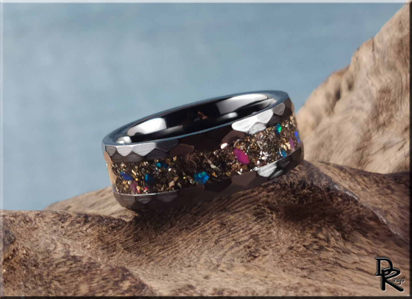 Hammered Black Ceramic 8mm Channel Ring w/Seymchan Meteorite, 14ct German Gold Glass, Opal inlay - ceramic ring