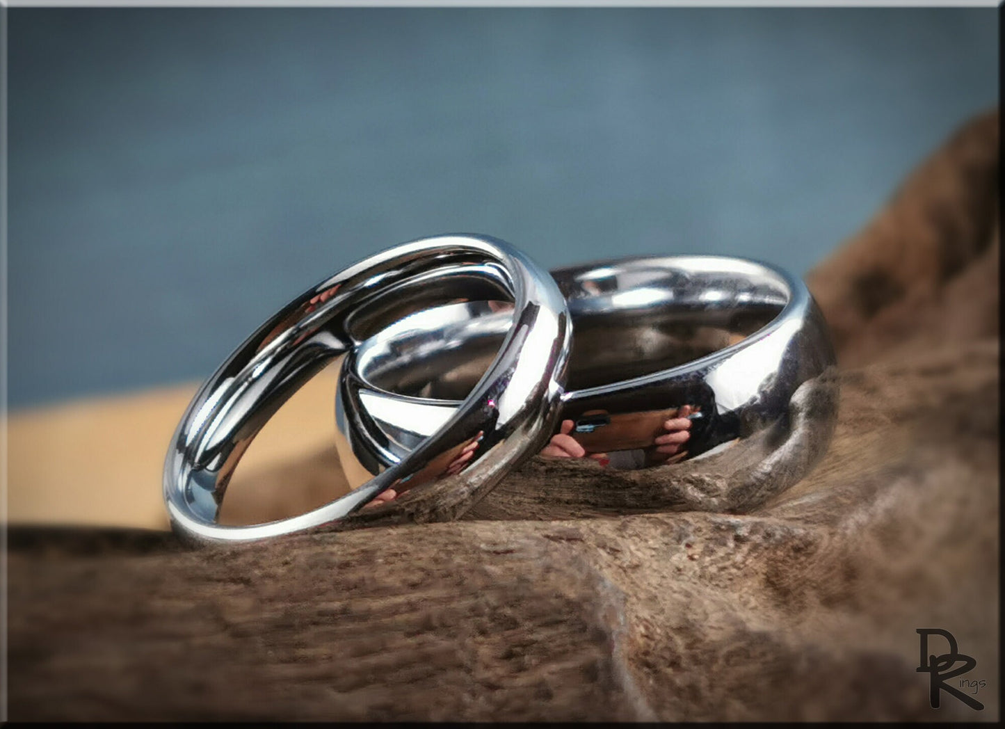 Polished Domed White Tungsten Carbide Ring Set - metal rings
