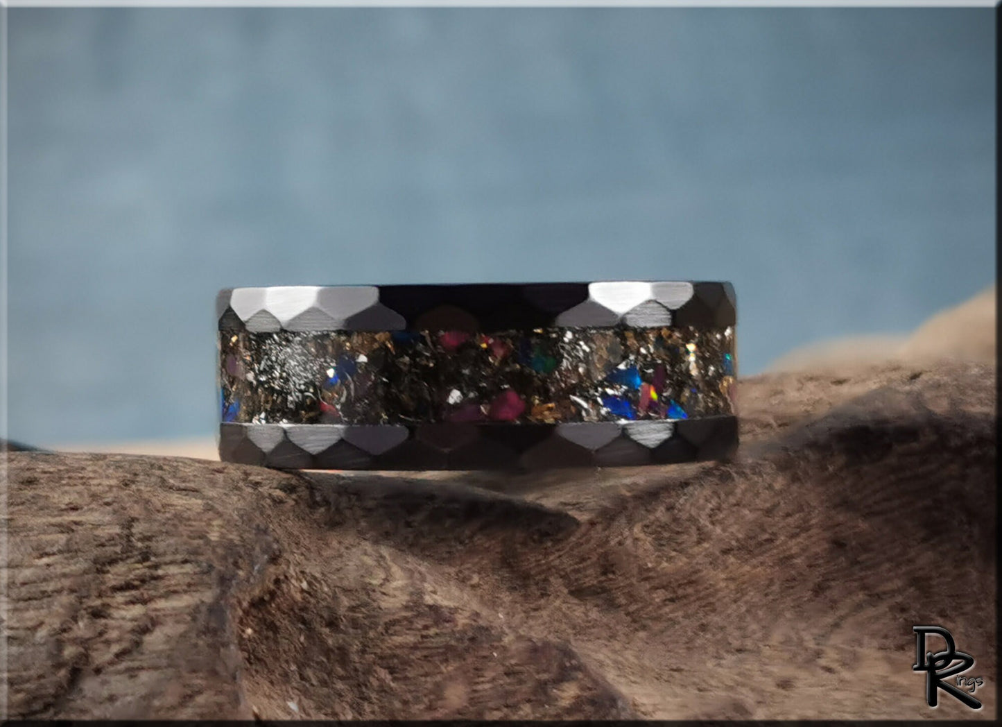 Hammered Black Ceramic 8mm Channel Ring w/Seymchan Meteorite, 14ct German Gold Glass, Opal inlay - ceramic ring