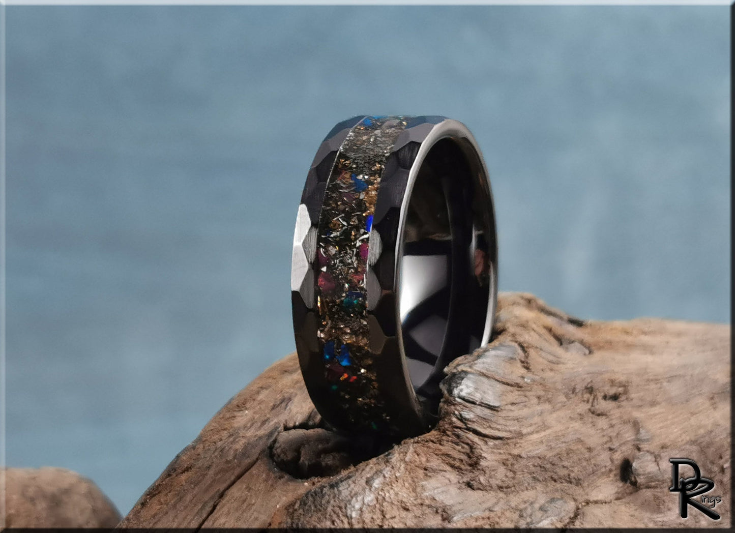 Hammered Black Ceramic 8mm Channel Ring w/Seymchan Meteorite, 14ct German Gold Glass, Opal inlay - ceramic ring
