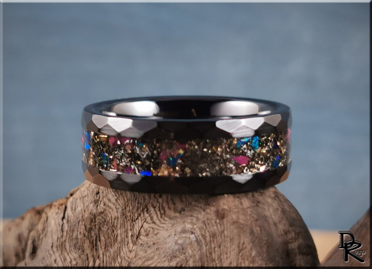 Hammered Black Ceramic 8mm Channel Ring w/Seymchan Meteorite, 14ct German Gold Glass, Opal inlay - ceramic ring