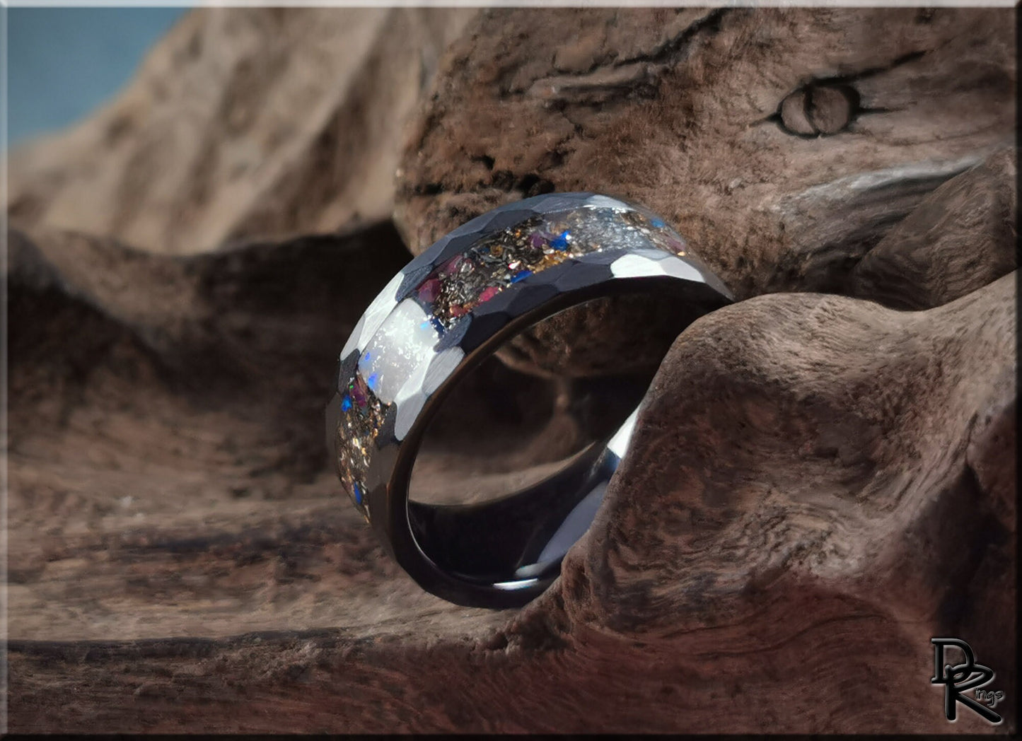 Hammered Black Ceramic 8mm Channel Ring w/Seymchan Meteorite, 14ct German Gold Glass, Opal inlay - ceramic ring
