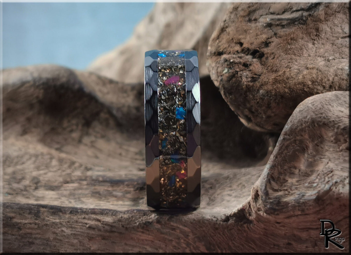 Hammered Black Ceramic 8mm Channel Ring w/Seymchan Meteorite, 14ct German Gold Glass, Opal inlay - ceramic ring