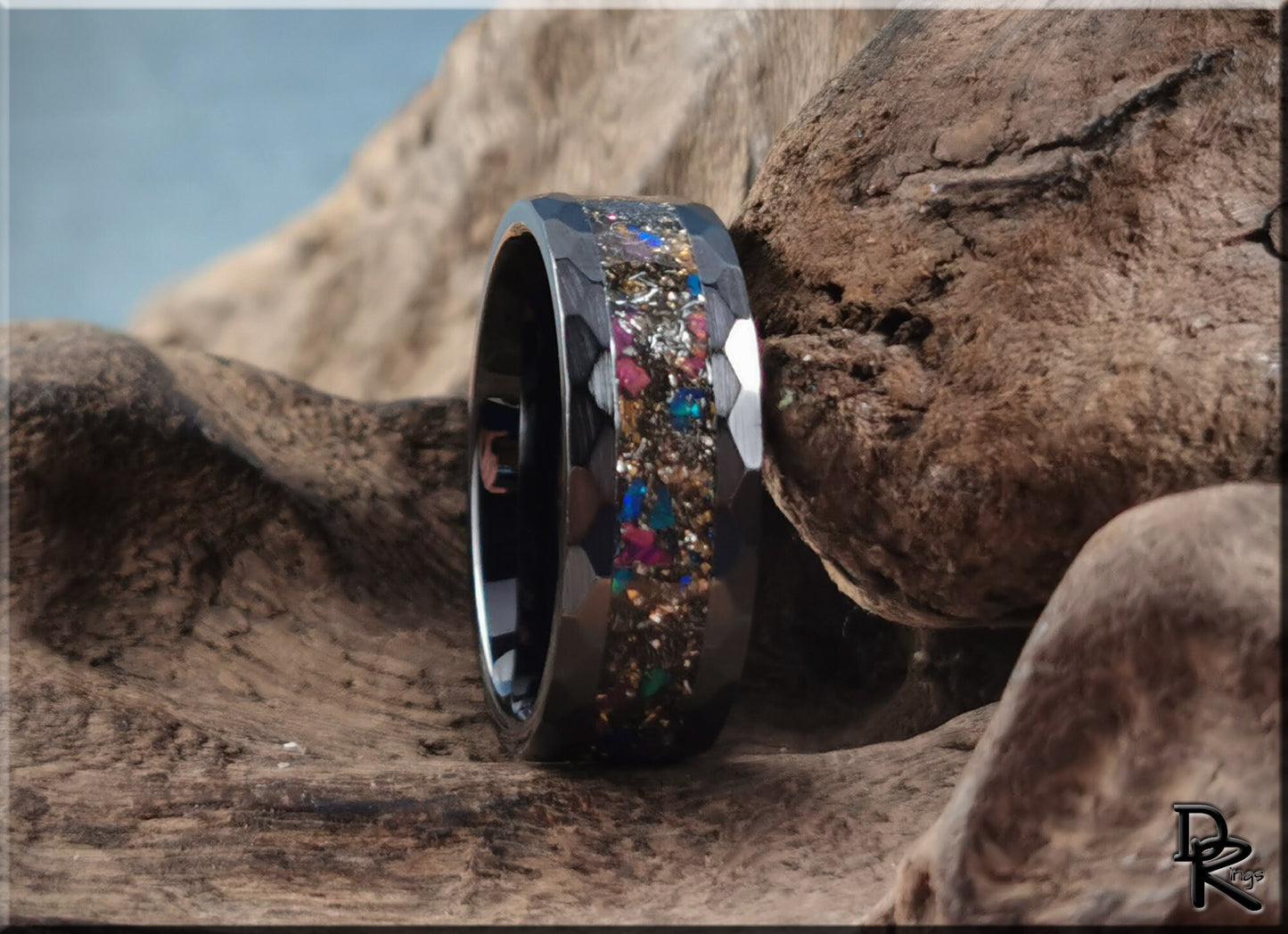 Hammered Black Ceramic 8mm Channel Ring w/Seymchan Meteorite, 14ct German Gold Glass, Opal inlay - ceramic ring