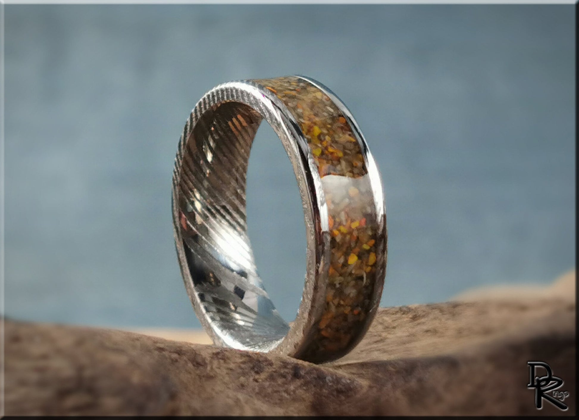 Genuine Damascus Steel Channel Ring w/Bumblebee Jasper inlay - metal ring