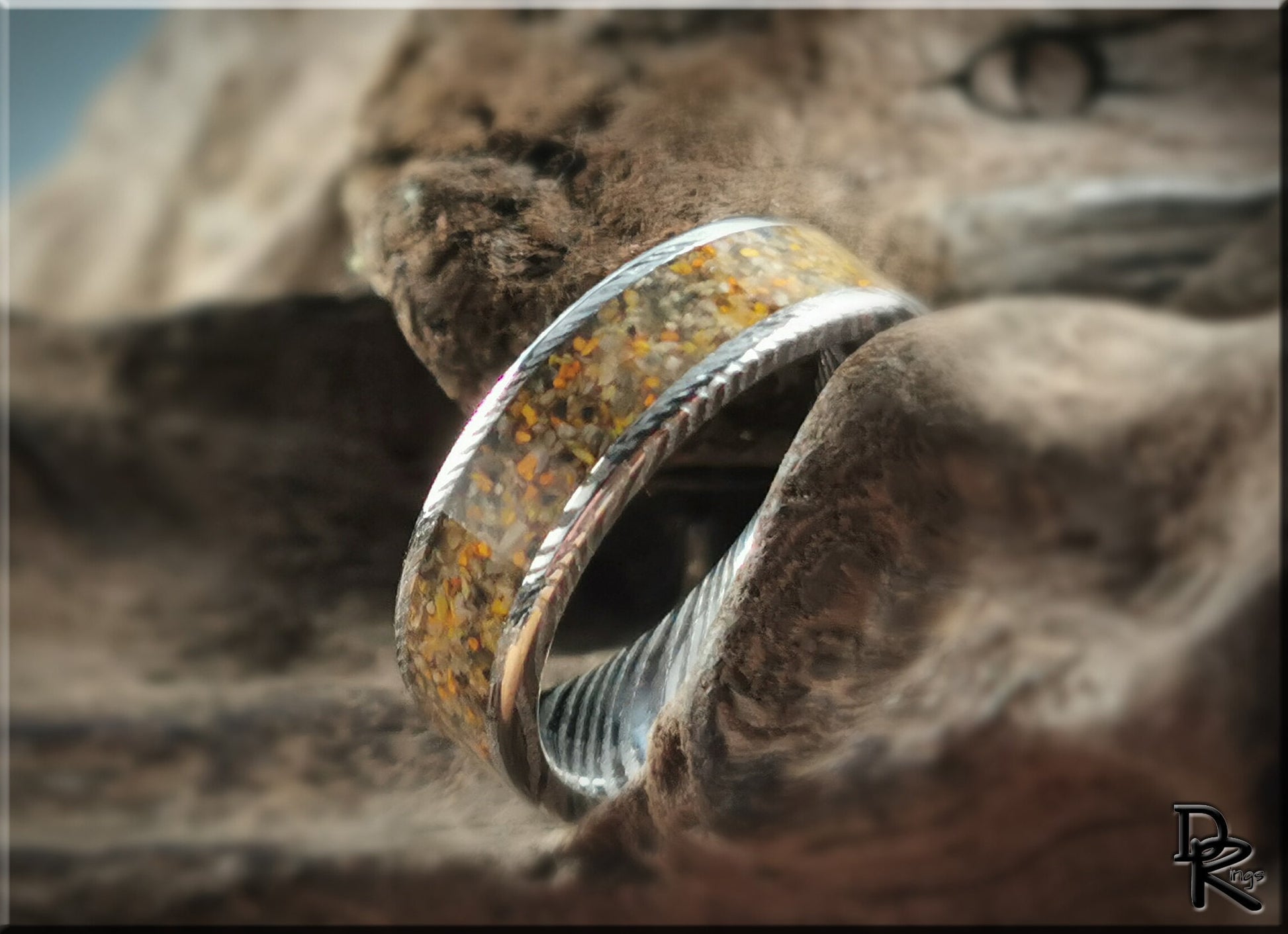 Genuine Damascus Steel Channel Ring w/Bumblebee Jasper inlay - metal ring