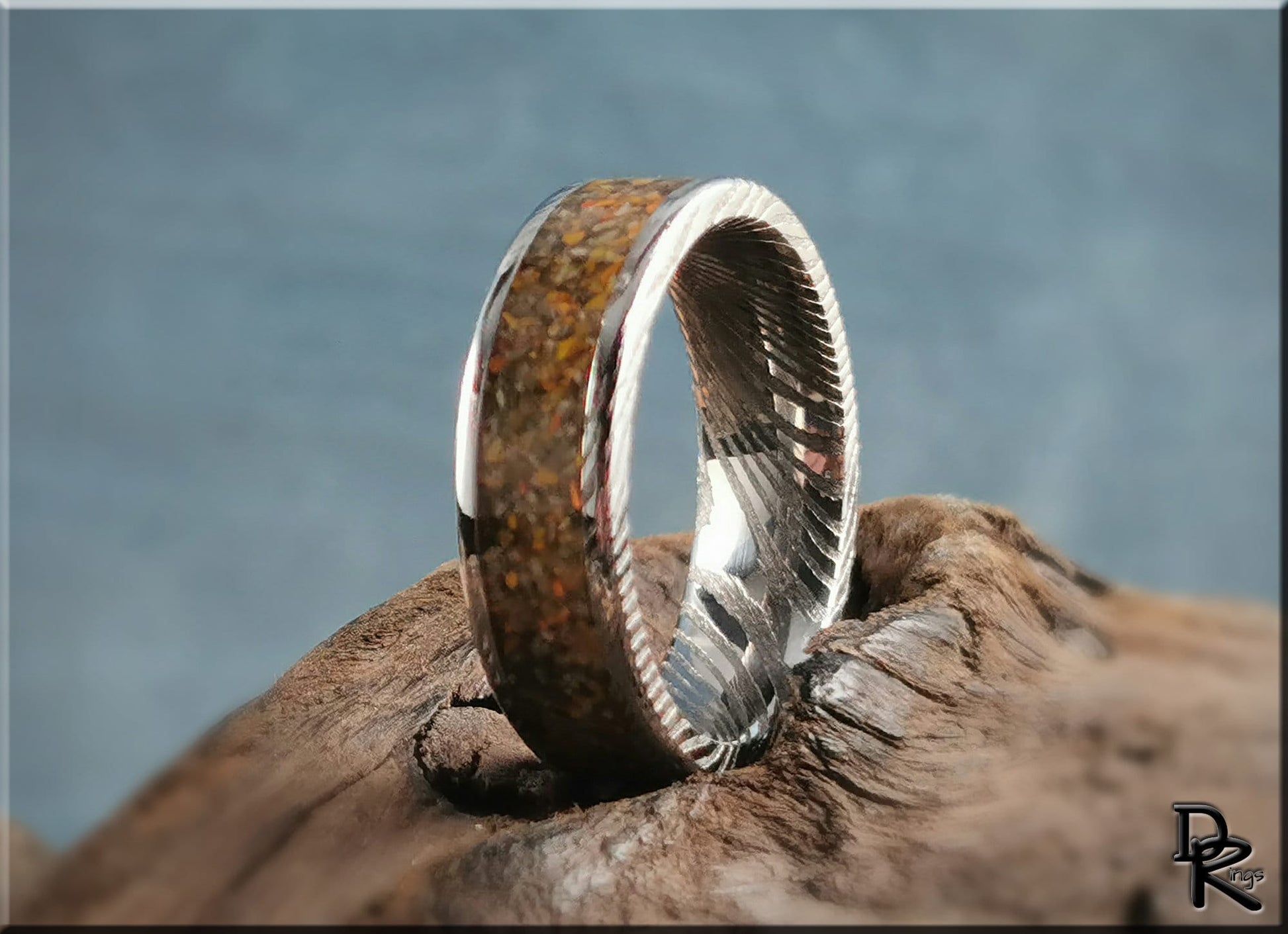 Genuine Damascus Steel Channel Ring w/Bumblebee Jasper inlay - metal ring