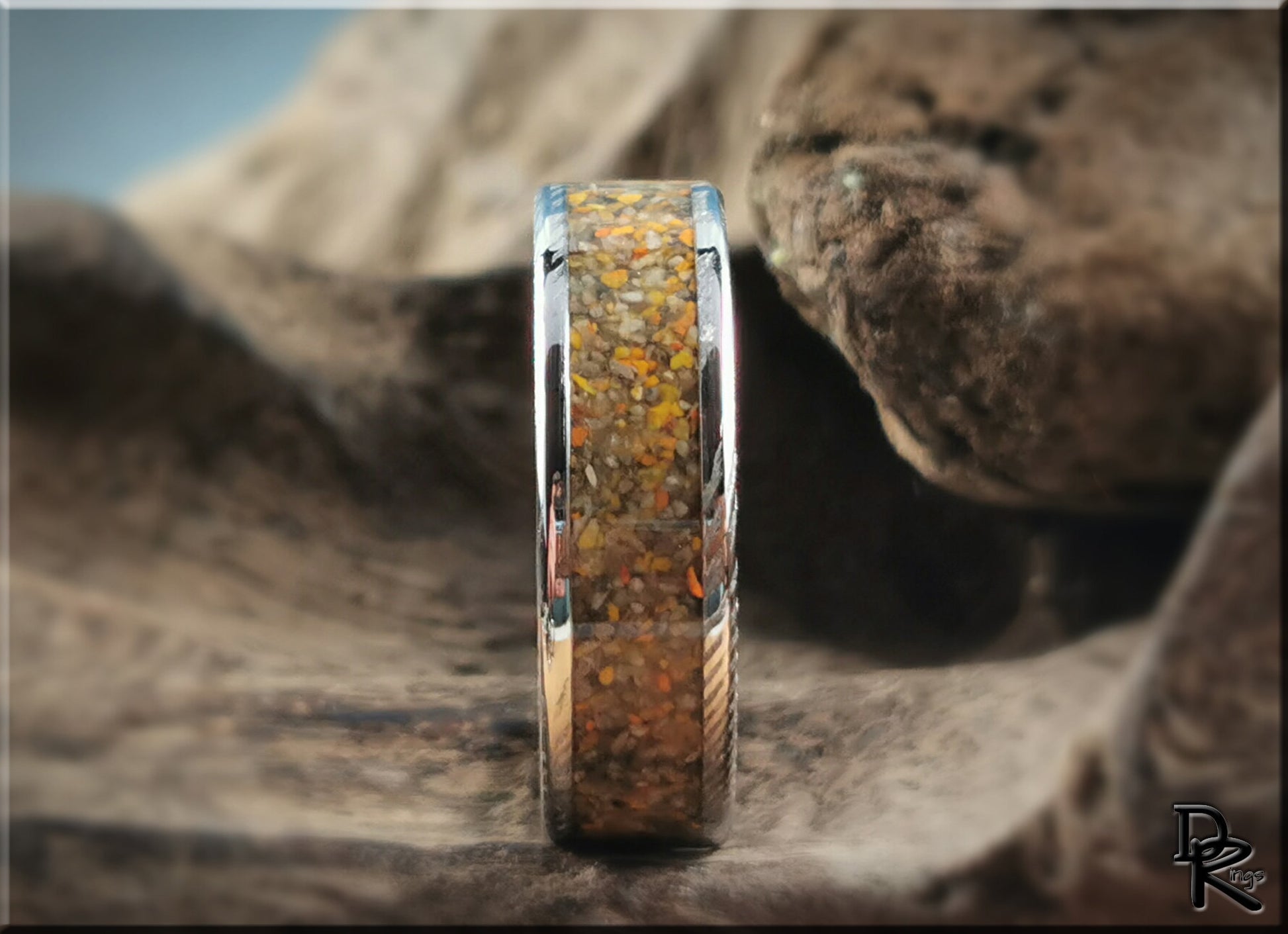 Genuine Damascus Steel Channel Ring w/Bumblebee Jasper inlay - metal ring