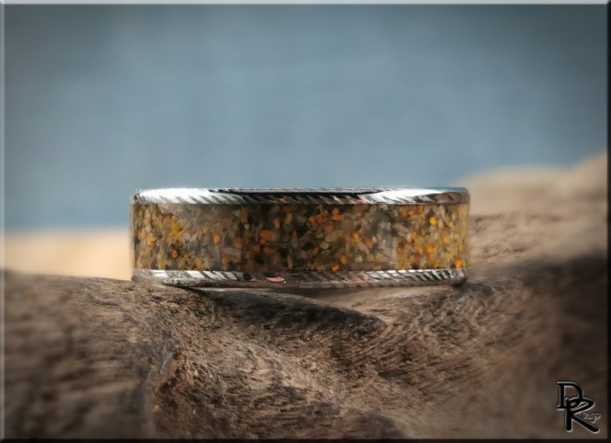 Genuine Damascus Steel Channel Ring w/Bumblebee Jasper inlay - metal ring