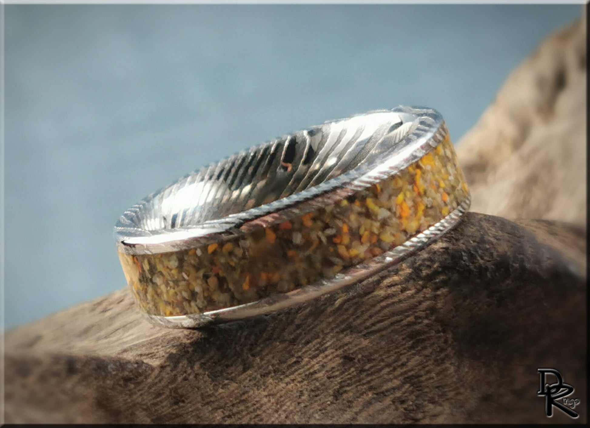 Genuine Damascus Steel Channel Ring w/Bumblebee Jasper inlay - metal ring