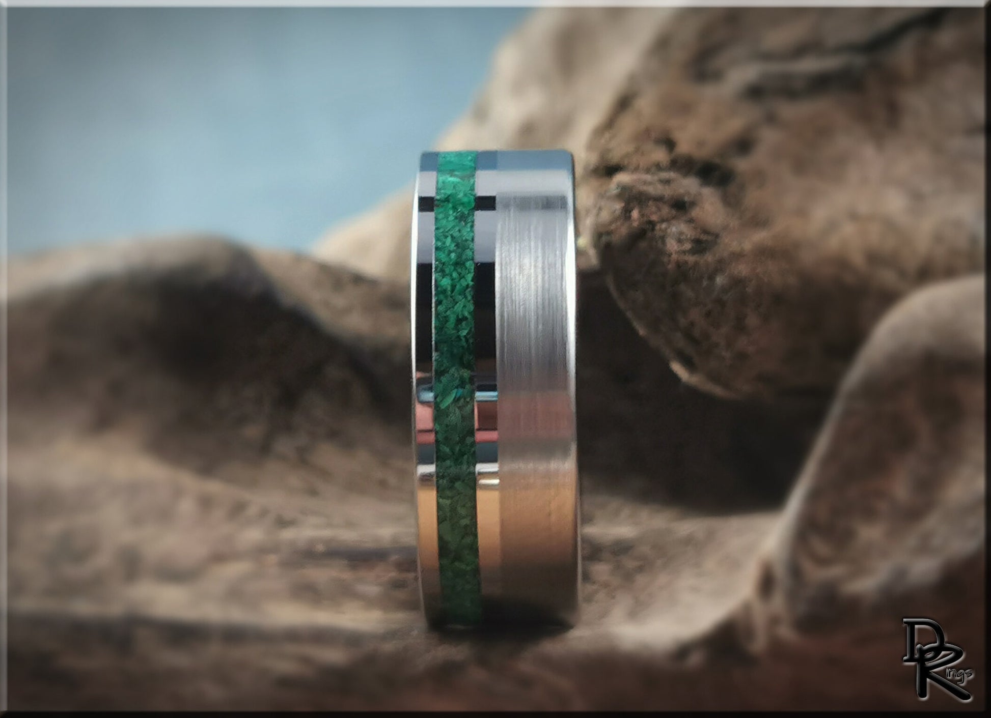 Tungsten Carbide Channel Ring w/offset Green Malachite stone inlay - metal ring