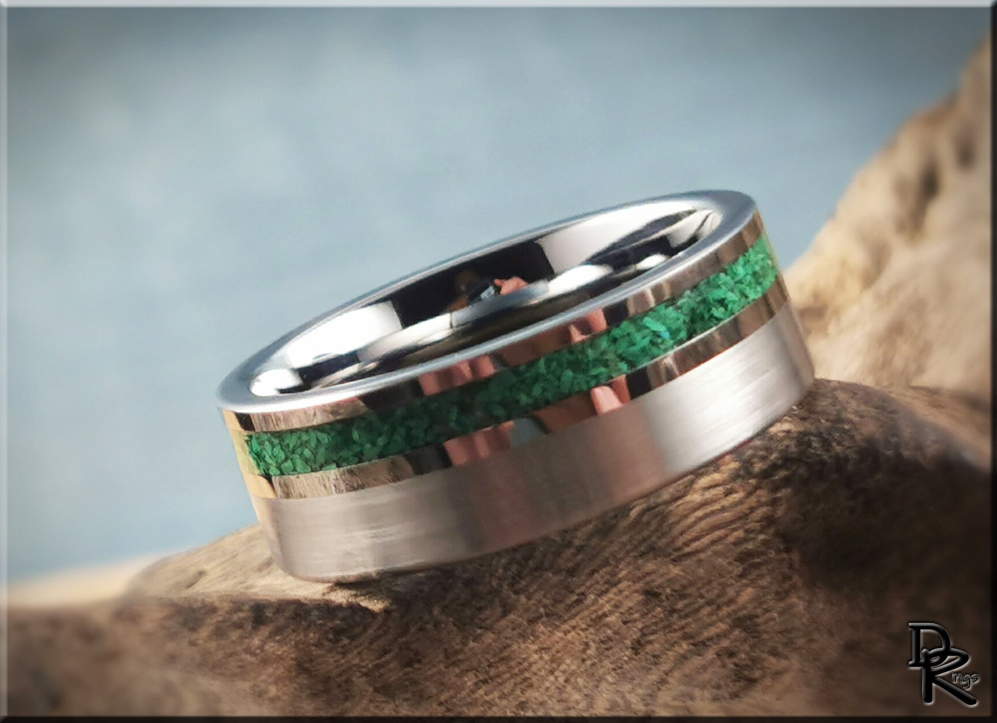 Tungsten Carbide Channel Ring w/offset Green Malachite stone inlay - metal ring