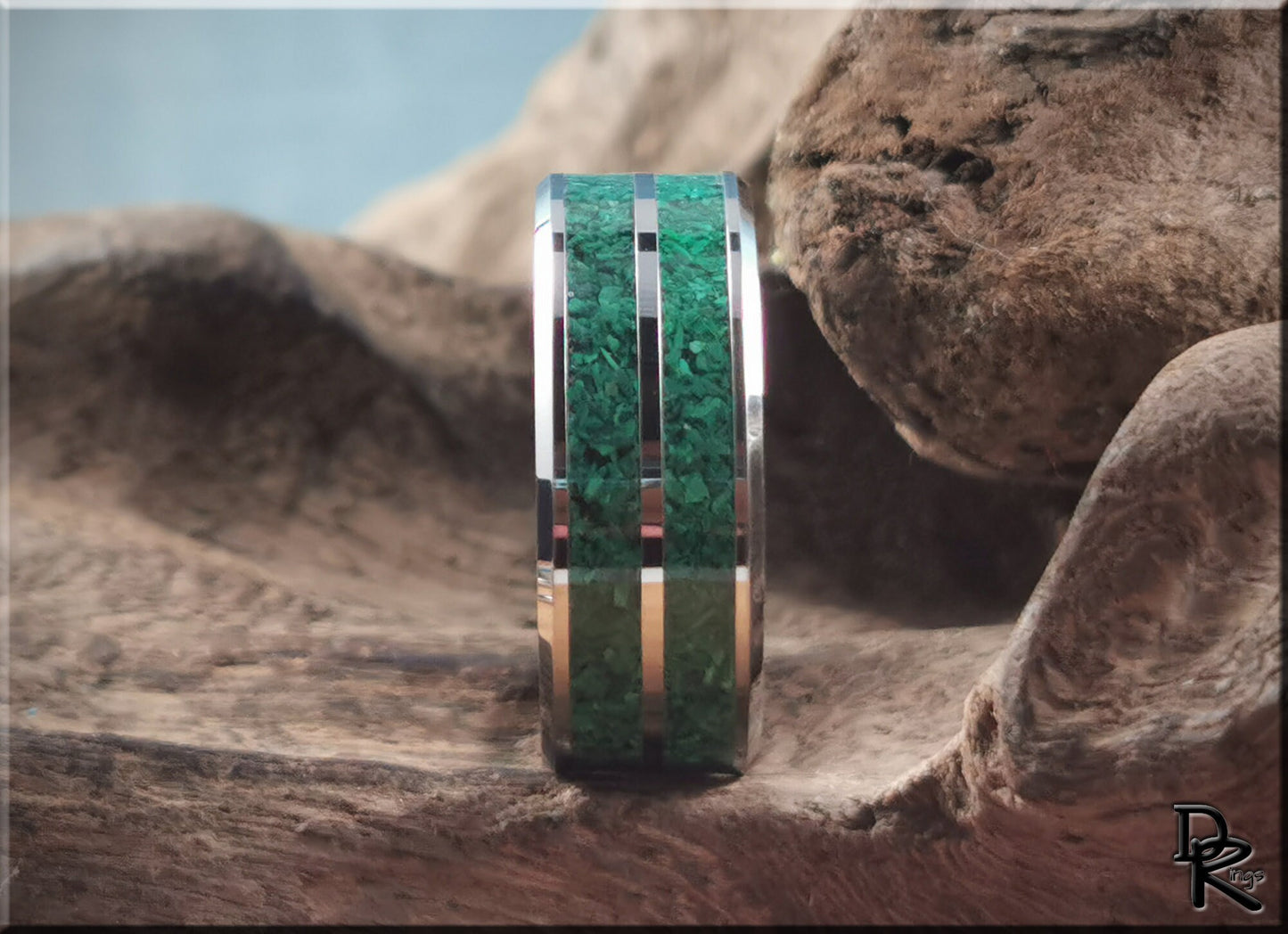 Tungsten Carbide 8mm Ring with dual Green Malachite Stone inlays - metal ring