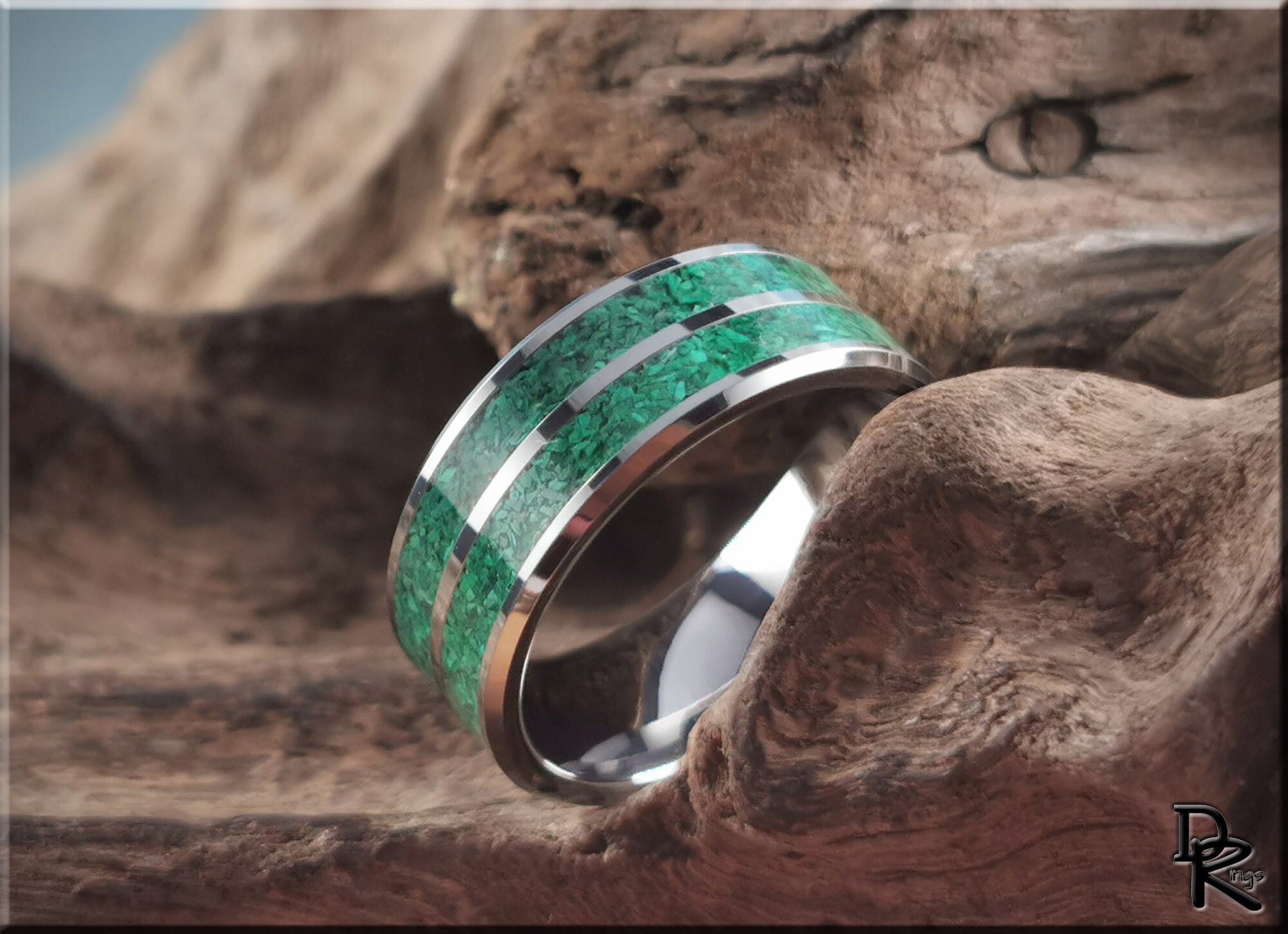 Tungsten Carbide 8mm Ring with dual Green Malachite Stone inlays - metal ring