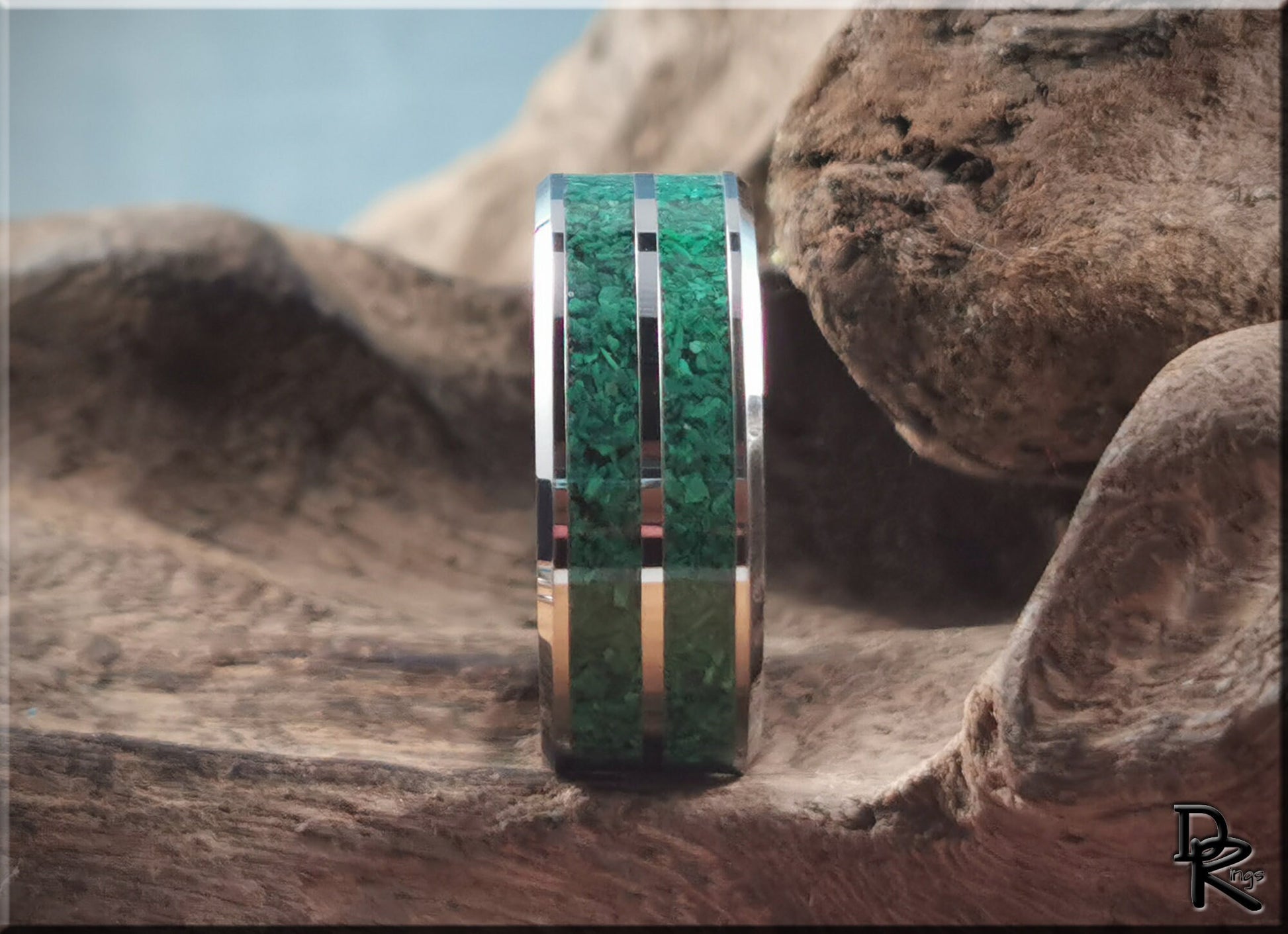 Tungsten Carbide 8mm Ring with dual Green Malachite Stone inlays - metal ring