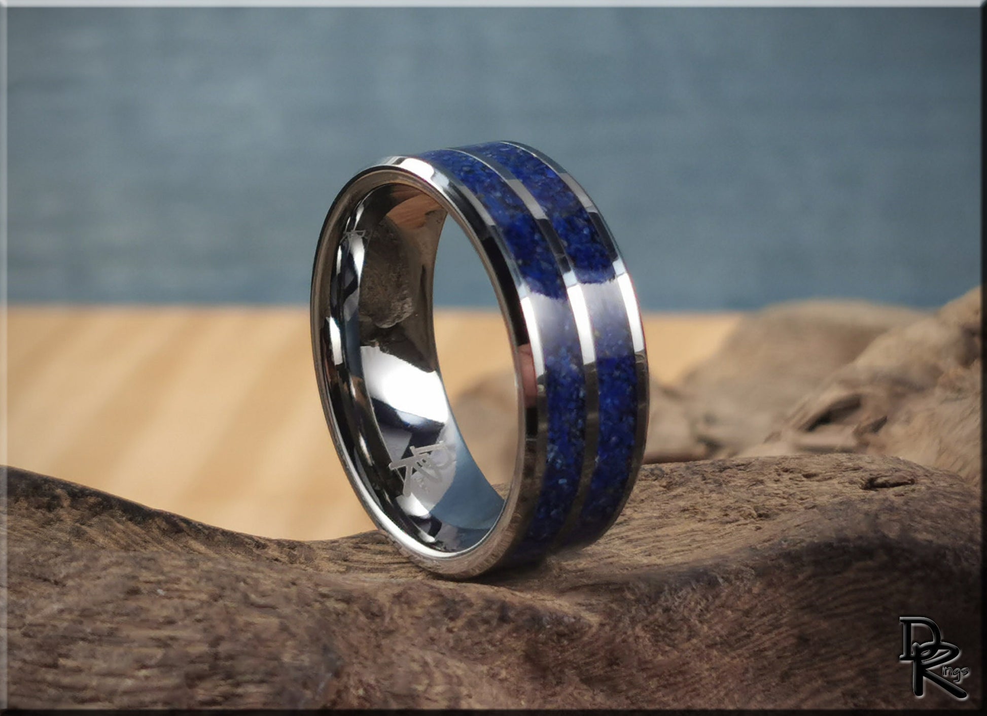 Tungsten Carbide 8mm Ring with dual Lapis Lazuli Stone inlays - metal ring