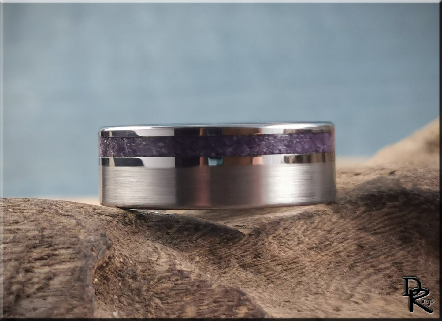 Tungsten Carbide Channel Ring w/offset Amethyst stone inlay - metal ring