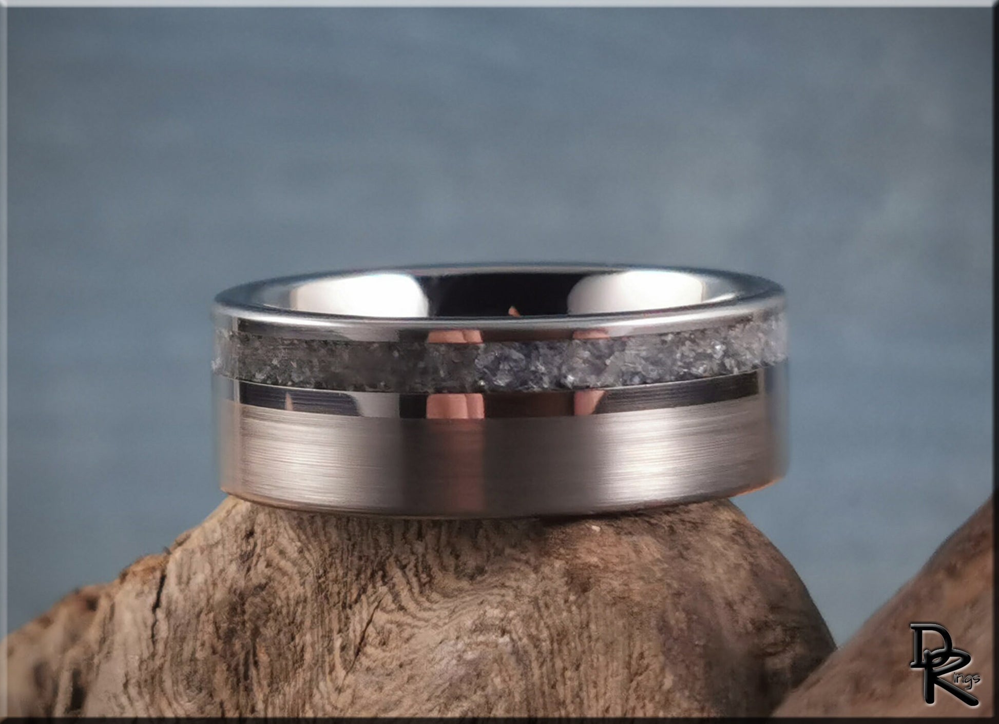 Tungsten Carbide Channel Ring w/offset Blue Sapphire and Diamond stone inlay - metal ring