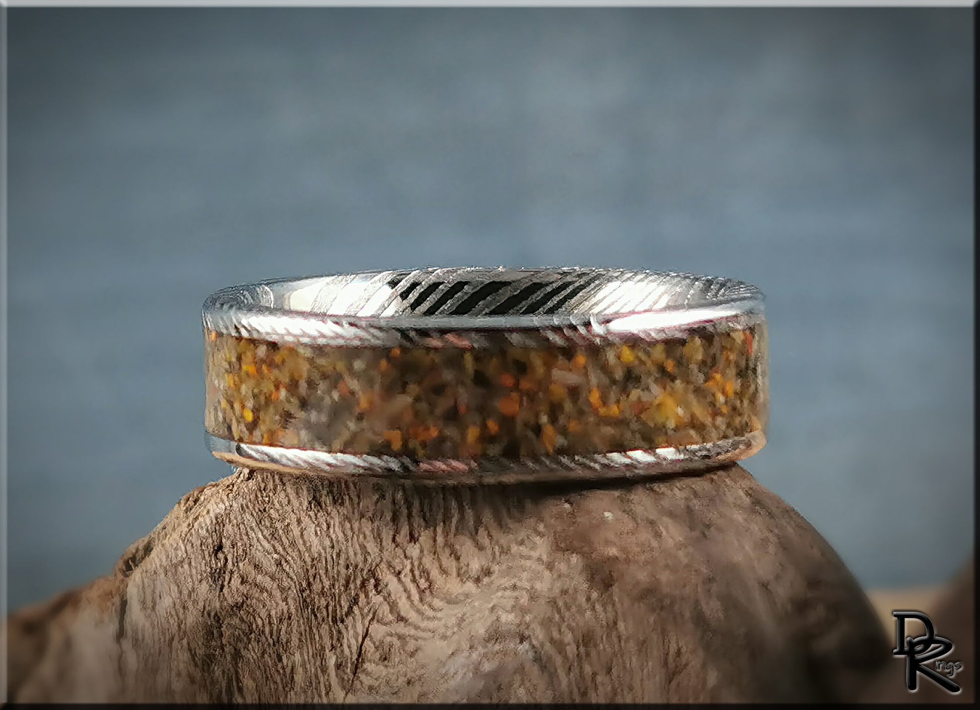 Genuine Damascus Steel Channel Ring w/Bumblebee Jasper inlay - metal ring